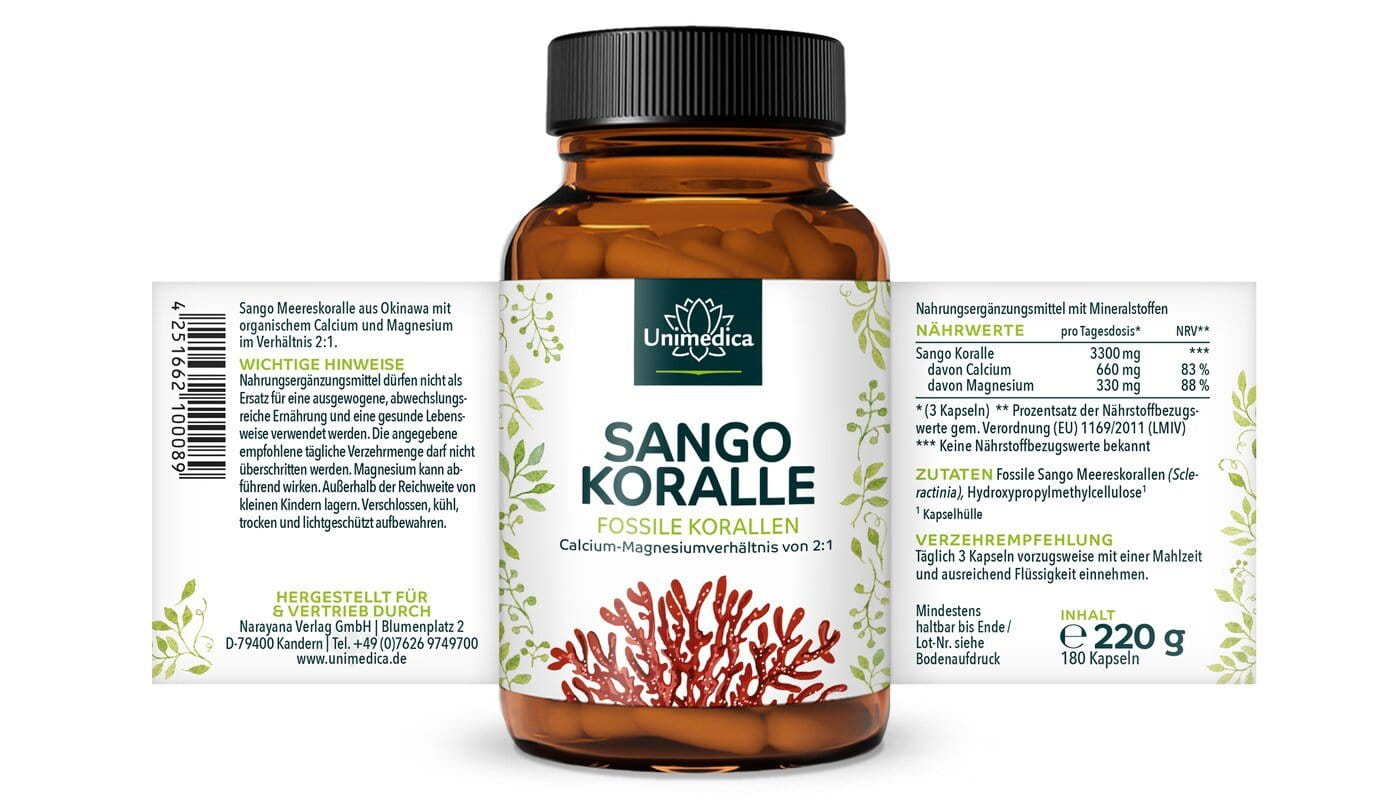 2er-Sparset: Sango Koralle - fossile Korallen aus Okinawa (Japan) - 3.300 mg pro Tagesdosis (3 Kapseln) - 2 x 180 Kapseln - von Unimedica