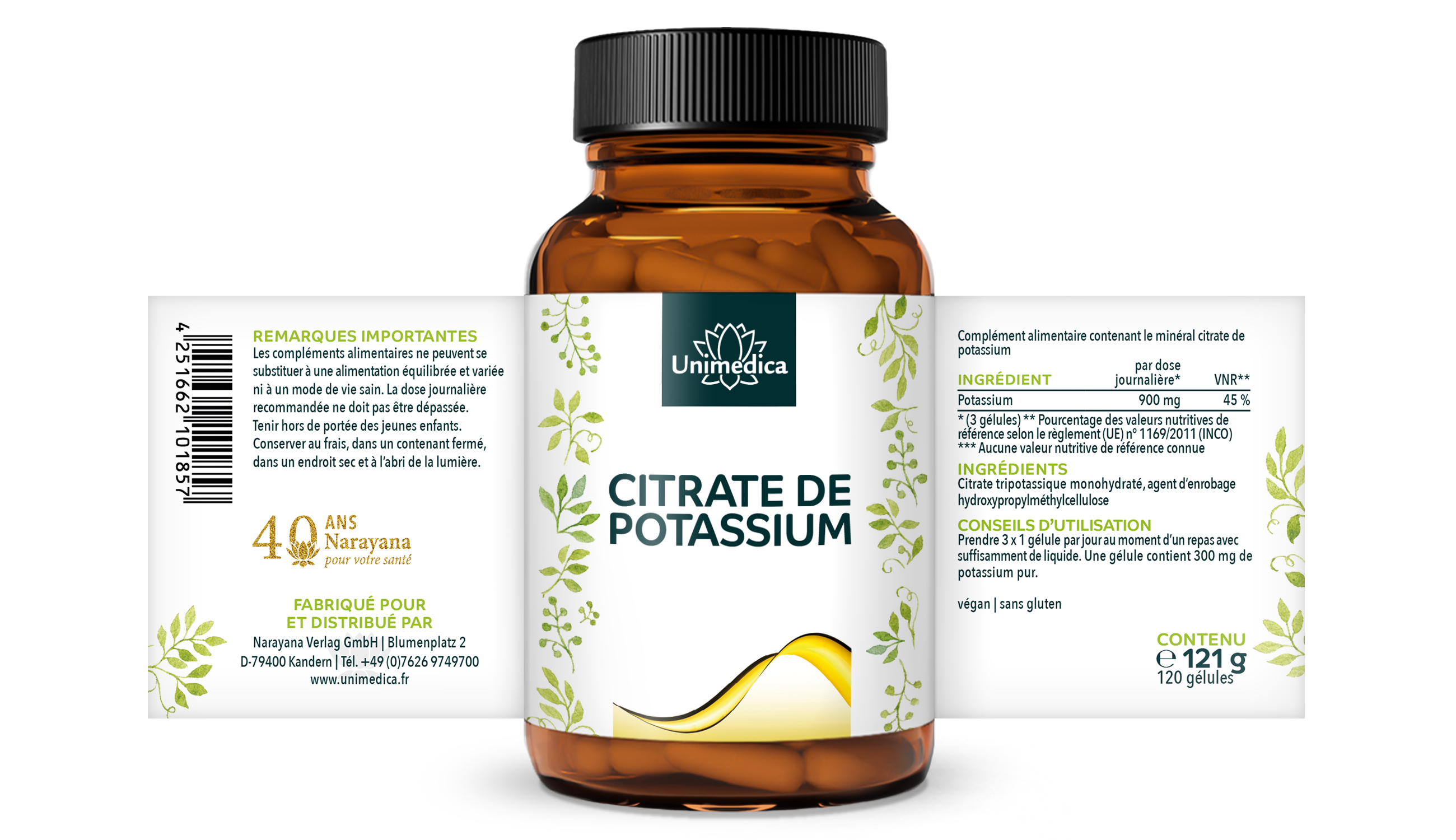Citrate de potassium avec L-leucine - 900 mg par dose quotidienne (3 gélules) - 90 gélules - Unimedica