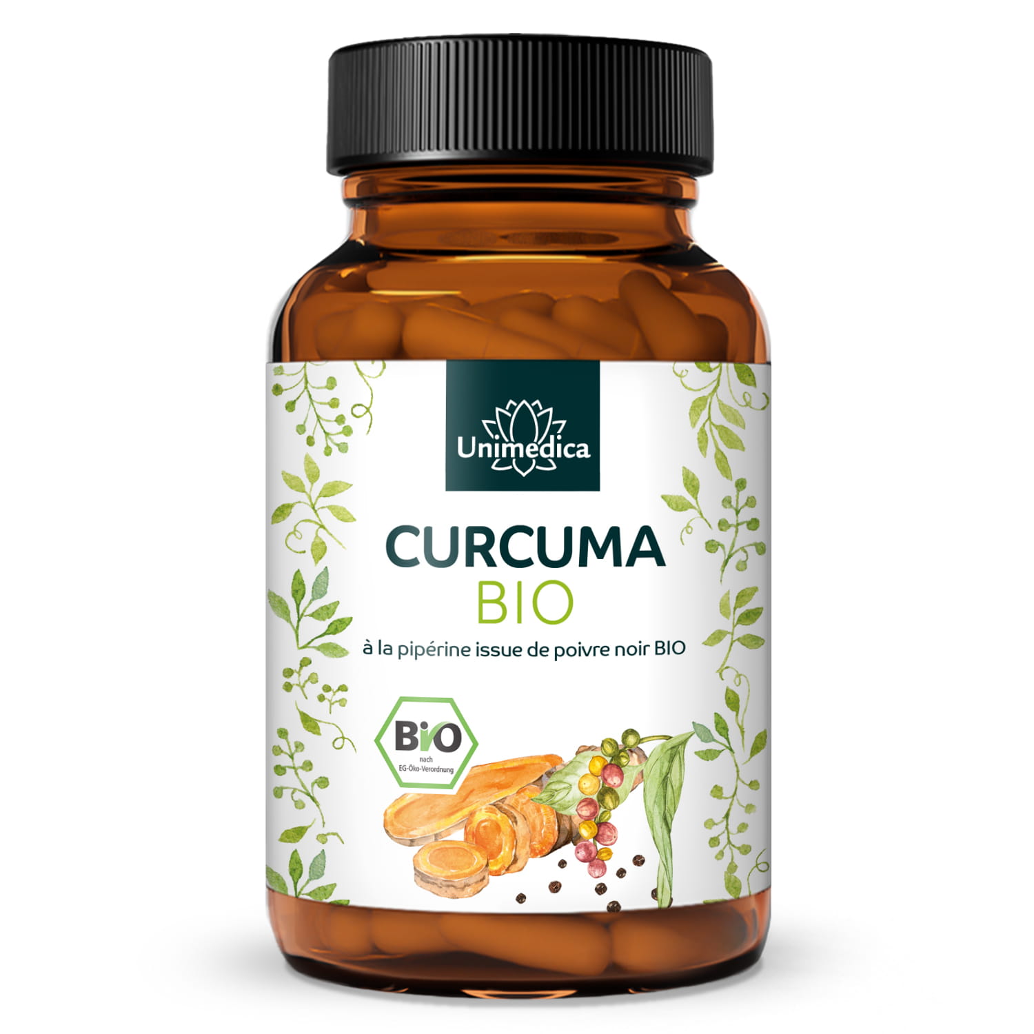 Curcuma BIO au poivre noir BIO - avec 225 mg de curcumine et 12 mg de pipérine par dose journalière (6 gélules) - 240 gélules