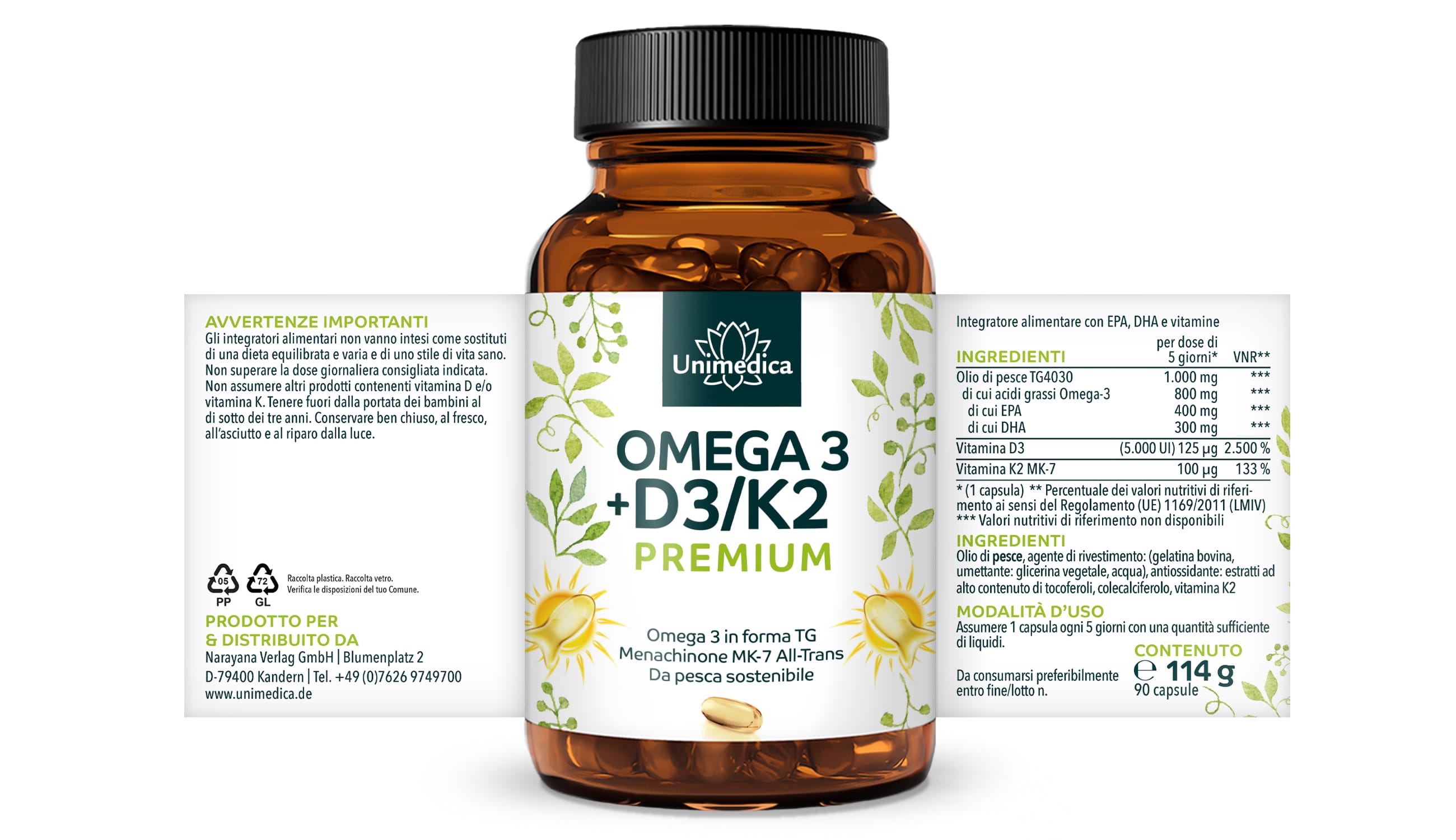 Vitamina D3 + K2 MK-7 All-trans + Omega-3 - Premium - da pesca sostenibile - 90 capsule softgel