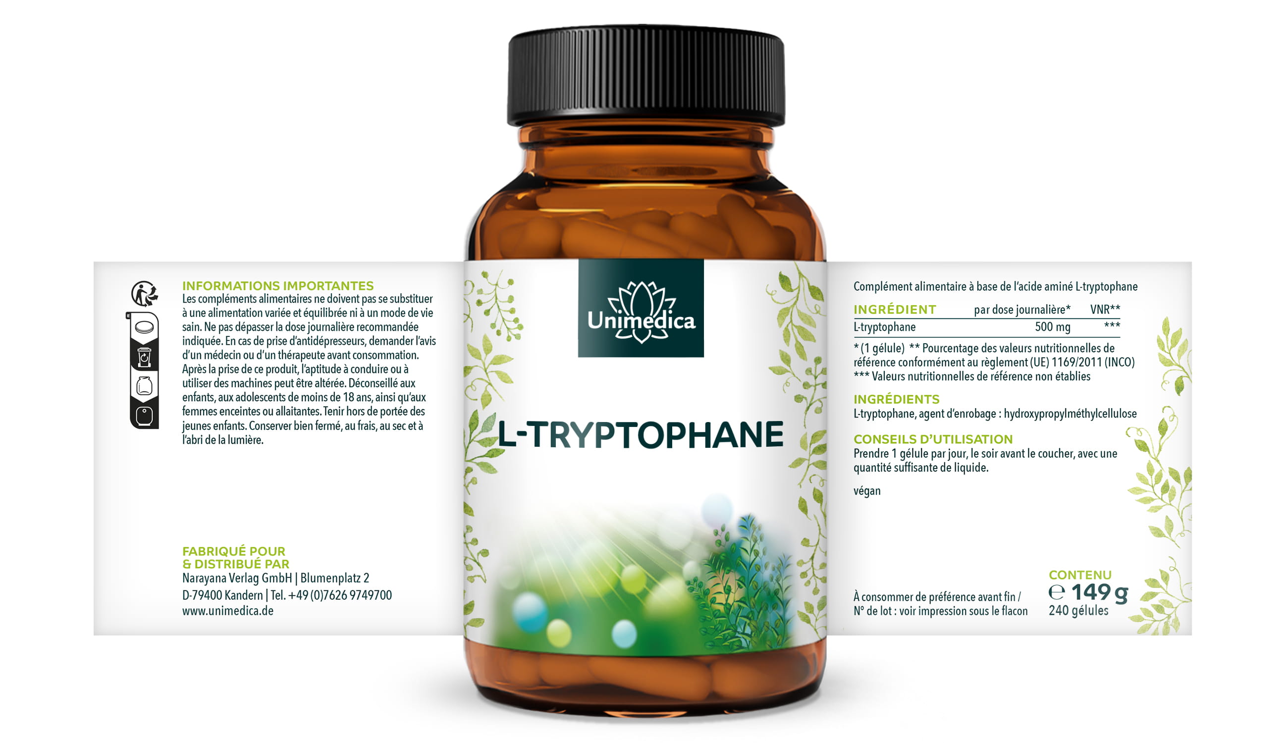 L-Tryptophane - 500 mg par dose journalière - 240 gélules - par Unimedica