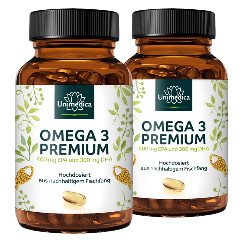 Set: Omega 3 - Premium fish oil with 400 mg EPA and 300 mg DHA - 2 x 120 softgel capsules - by Unimedica