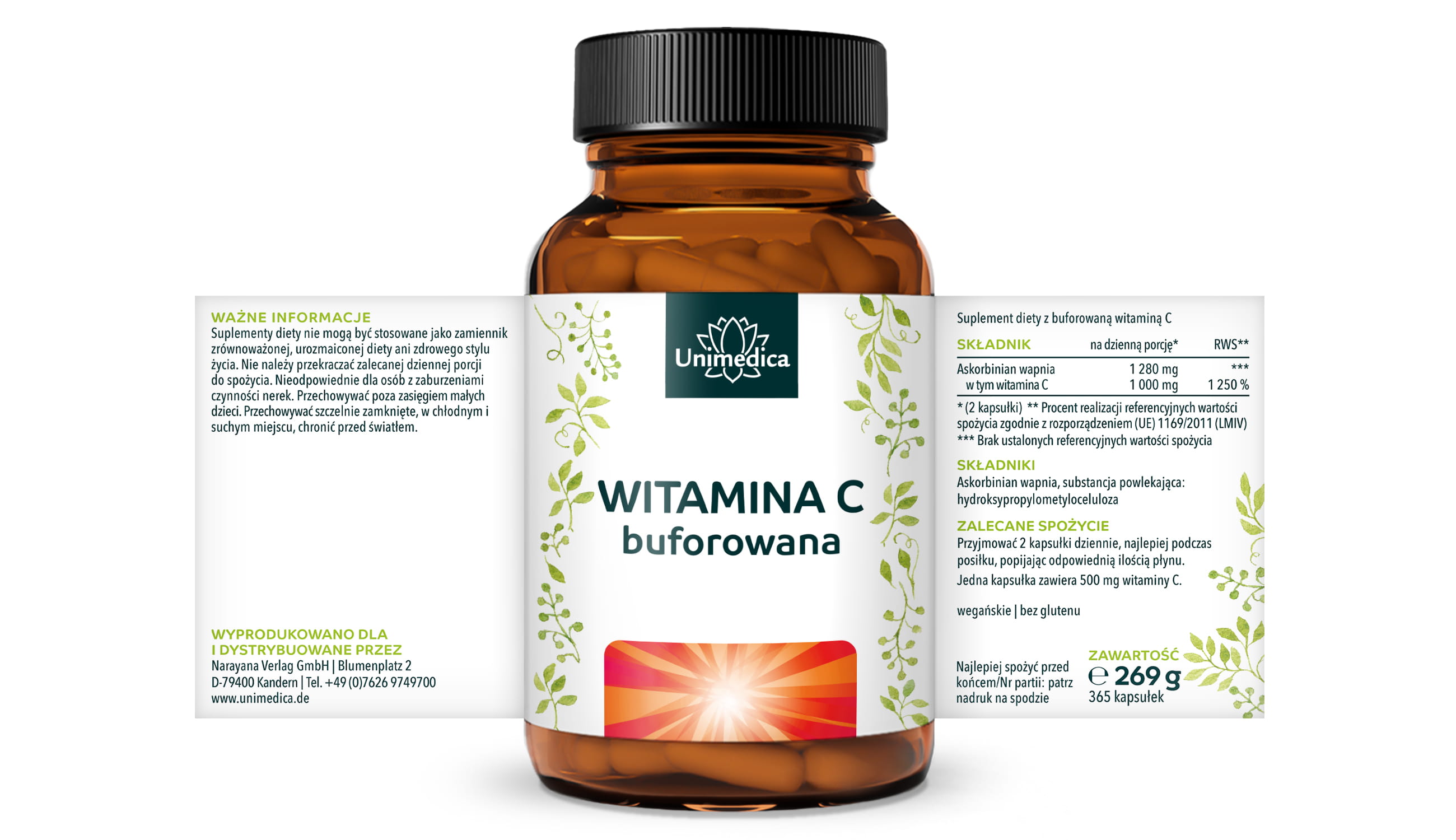 Witamina C buforowana - 1000 mg na dawkę dzienną (2 kapsułki) - 99% czystości - 365 kapsułek - od Unimedica