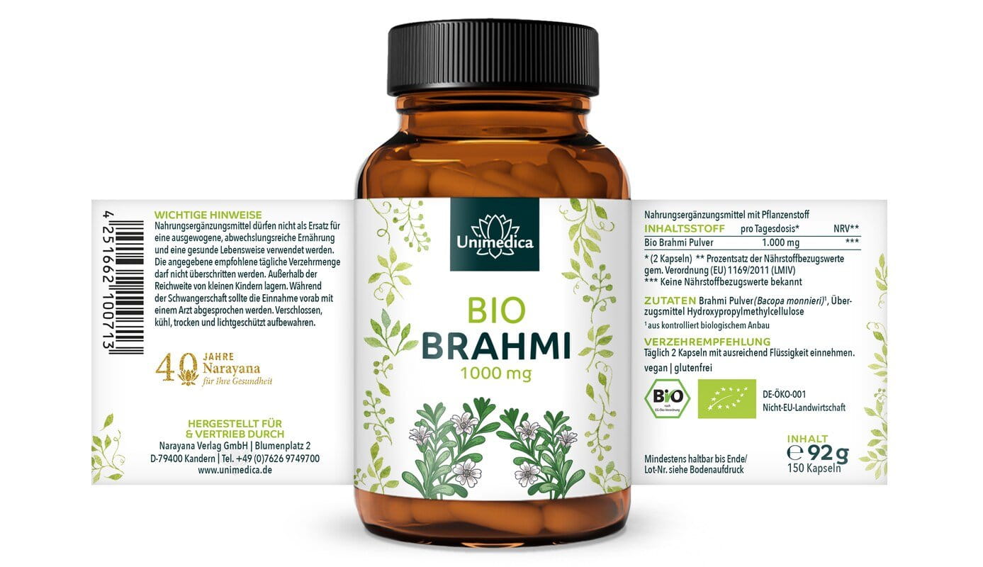 Bio Brahmi - 1.000 mg pro Tagesdosis (2 Kapseln) - 150 Kapseln - von Unimedica