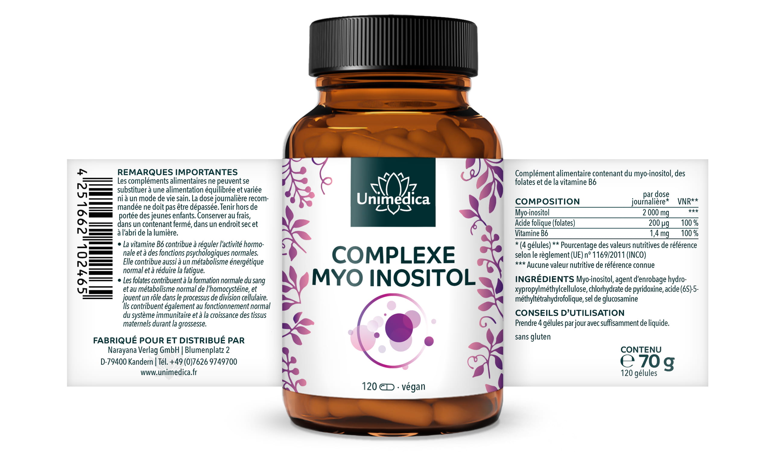 Complexe myo-inositol  avec folates et vitamine B6 - 120 gélules - par Unimedica
