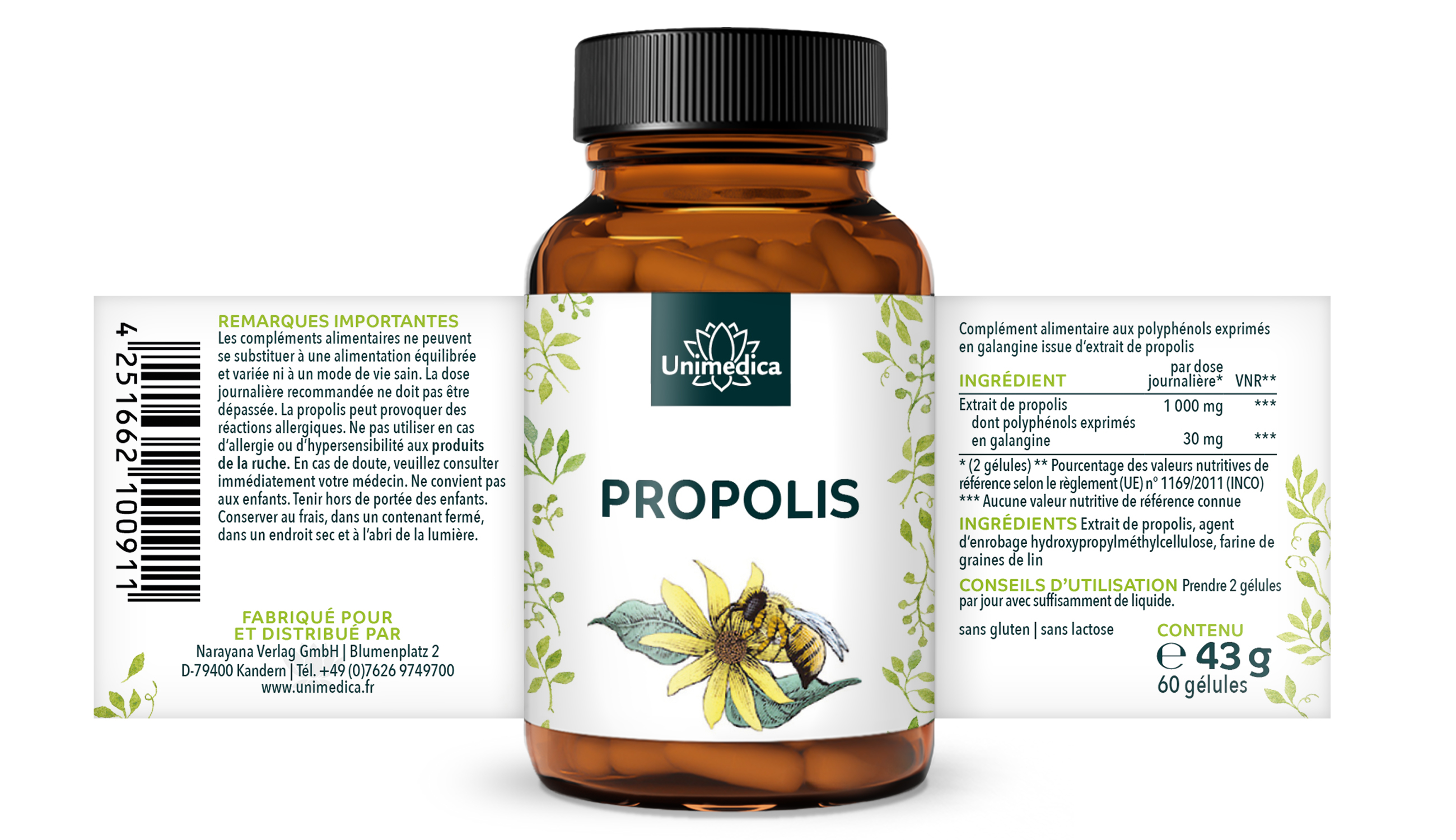 Lot de 2: Gélules de propolis - 250 mg - 2 x 60 gélules - par Unimedica