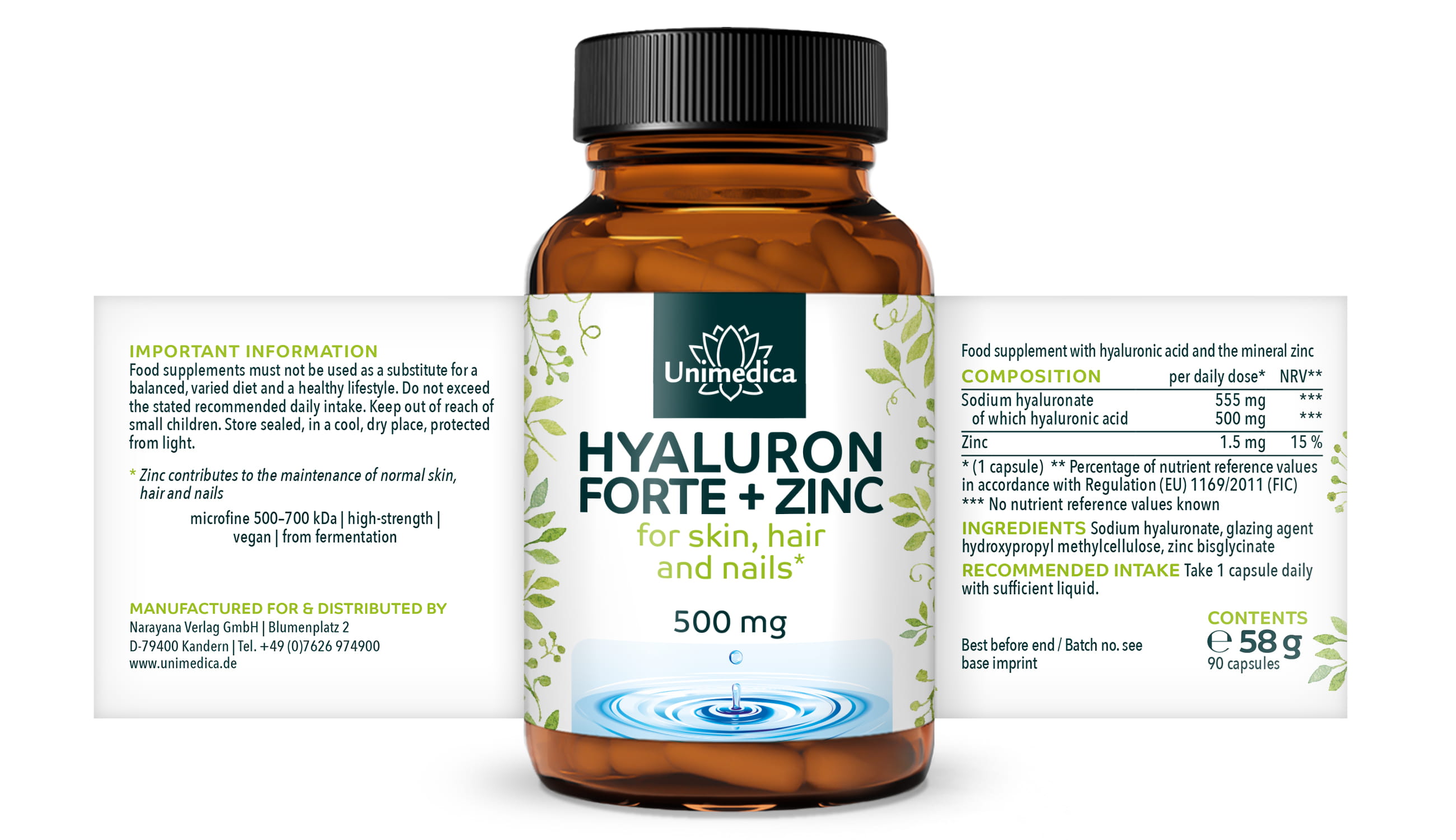 Hyaluron forte - with zinc for skin, hair and nails* - 500 mg hyaluronic acid per daily dose (1 capsule) - high-dose - 90 capsules