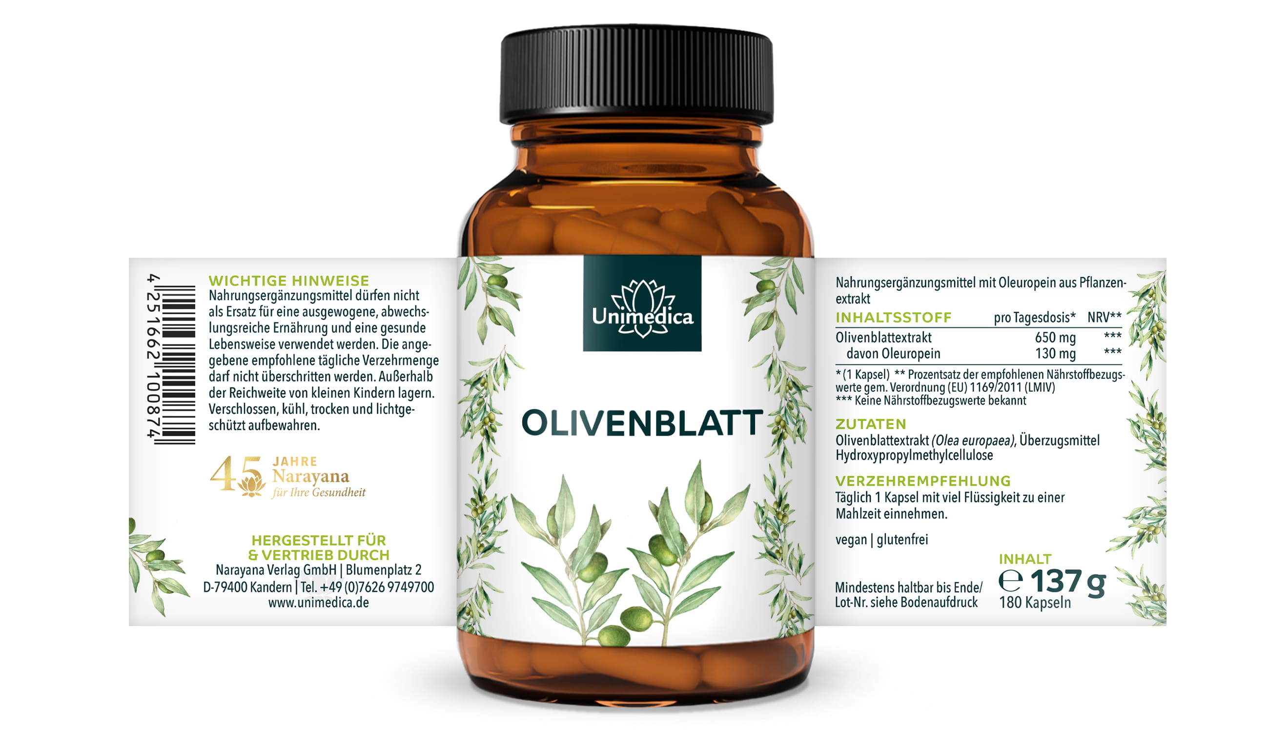 Olivenblatt Extrakt - 650 mg pro Tagesdosis (1 Kapsel) - 180 Kapseln - von Unimedica