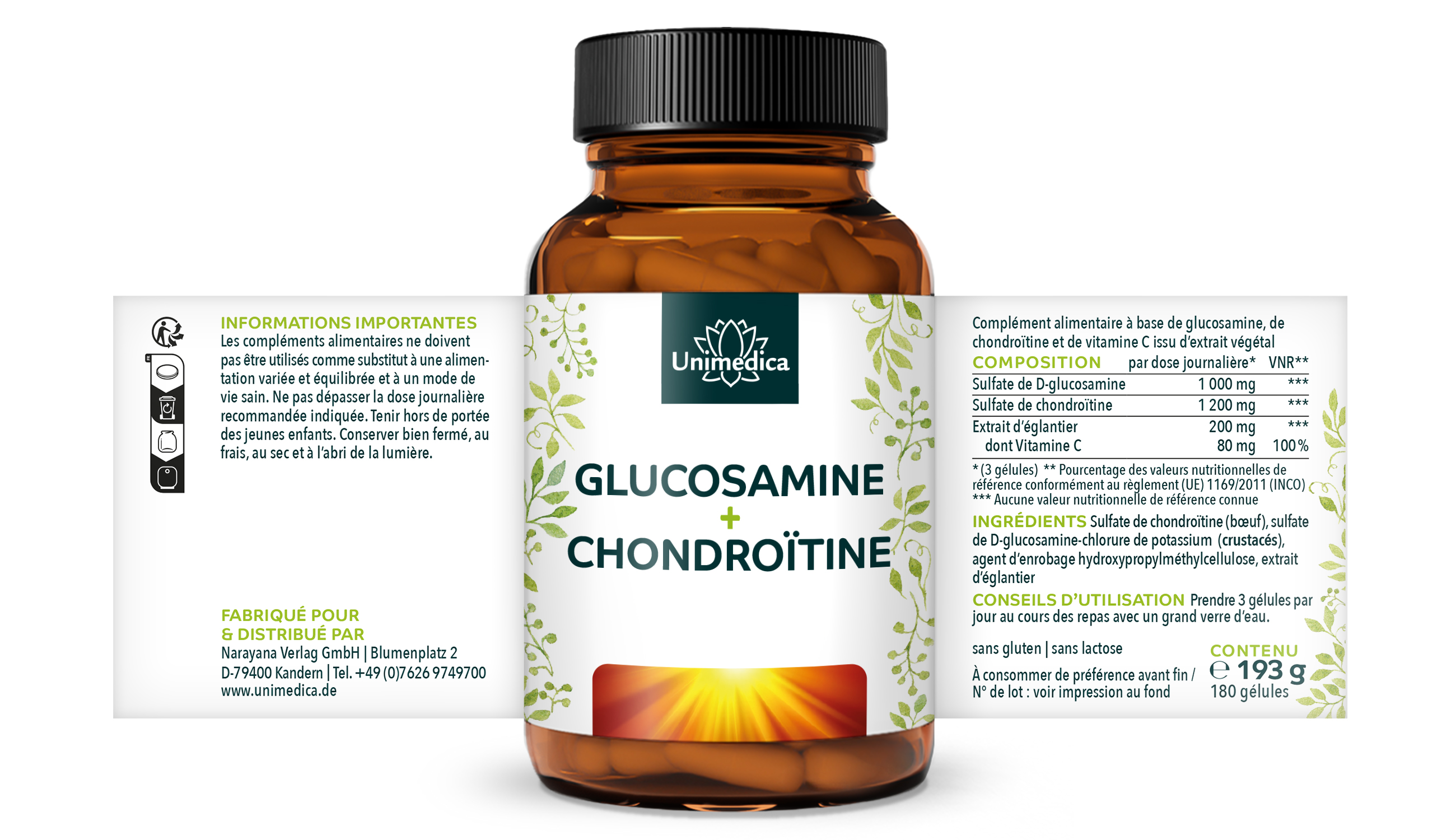 Glucosamine + chondroïtine - 1000 mg / 1200 mg par dose journalière - 180 gélules - par Unimedica