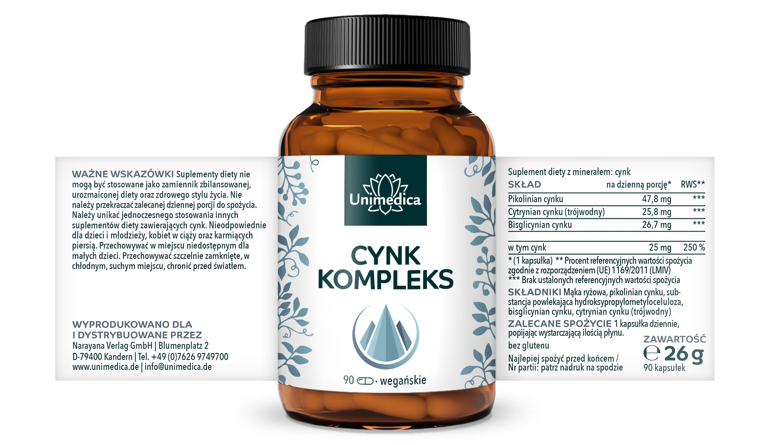 Kompleks cynku - 3 formy - 25 mg cynku na dawkę dzienną (1 kapsułka) - wysokodawkowy - 90 kapsułek - od Unimedica