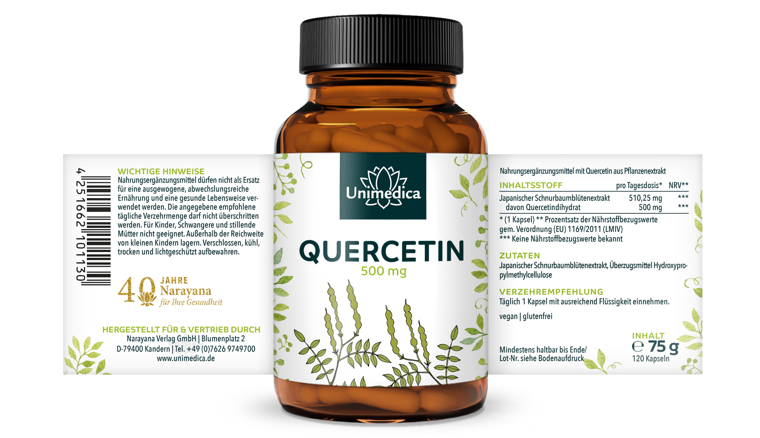 Quercetin - 500 mg pro Tagesdosis (1 Kapsel) - 120 Kapseln - von Unimedica