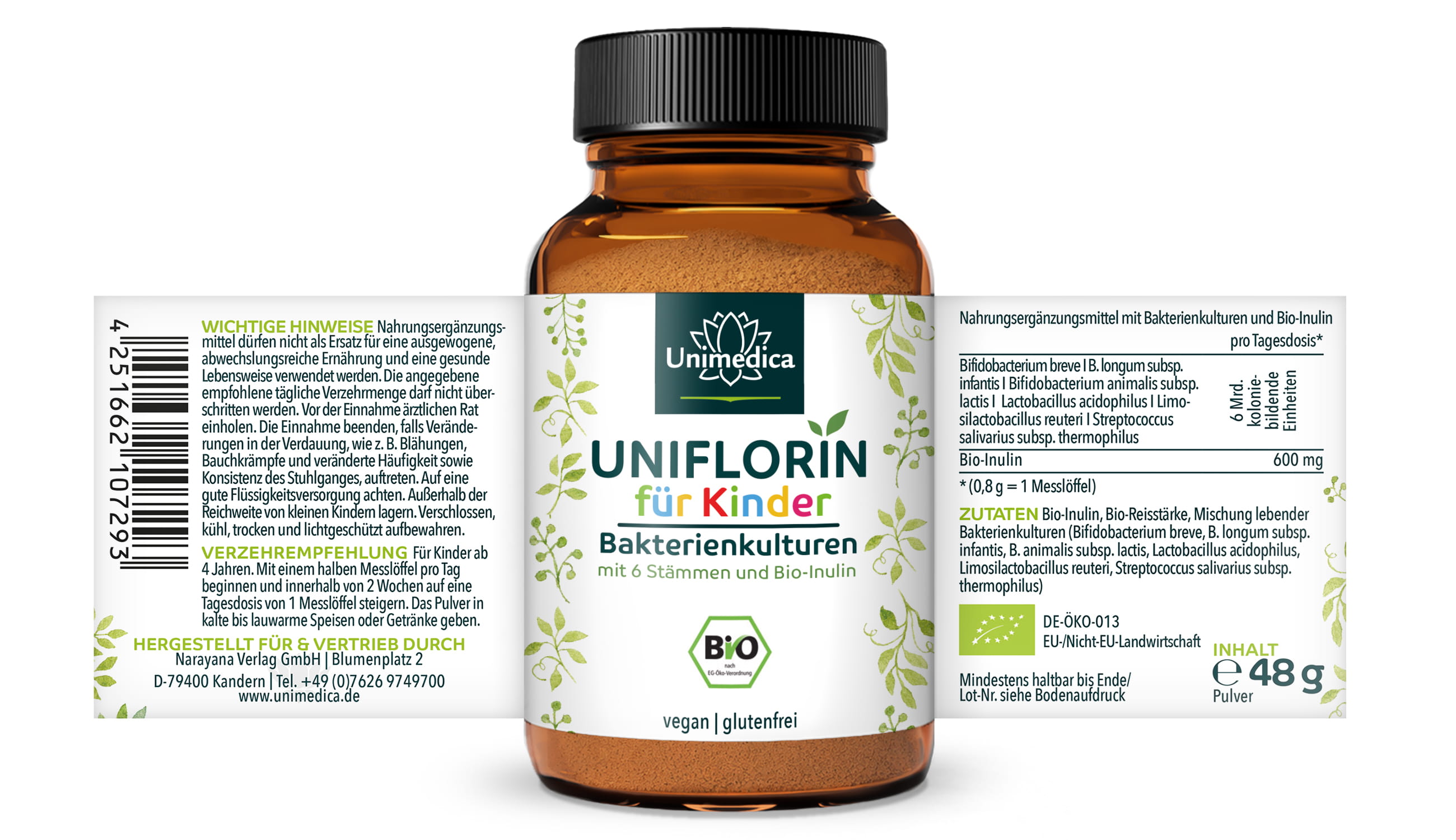 Uniflorin für Kinder - Bakterienkulturen mit 6 Stämmen und Bio-Inulin - 48 g Pulver - von Unimedica