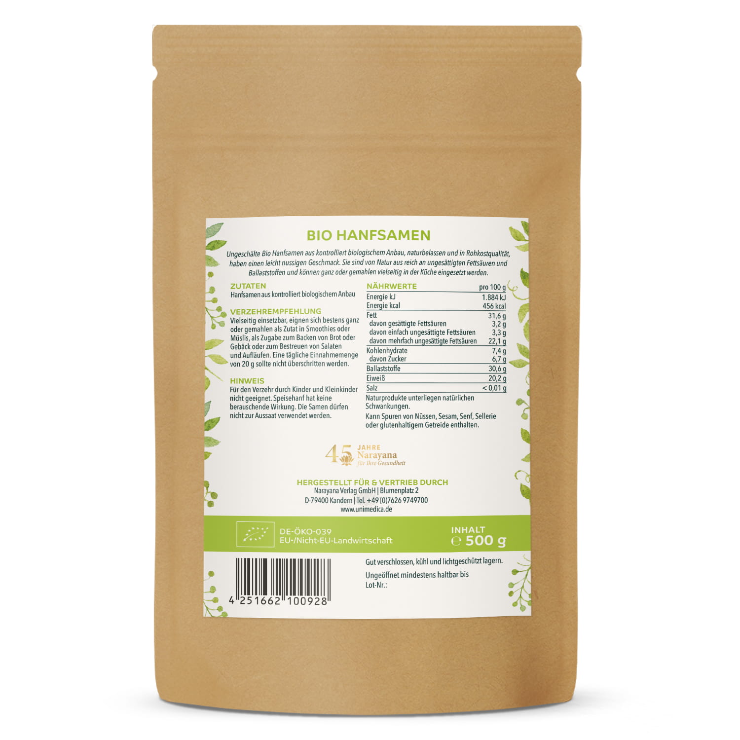 2er-Sparset: Bio Hanfsamen - ungeschält - naturbelassen -  2 x 500 g - von Unimedica