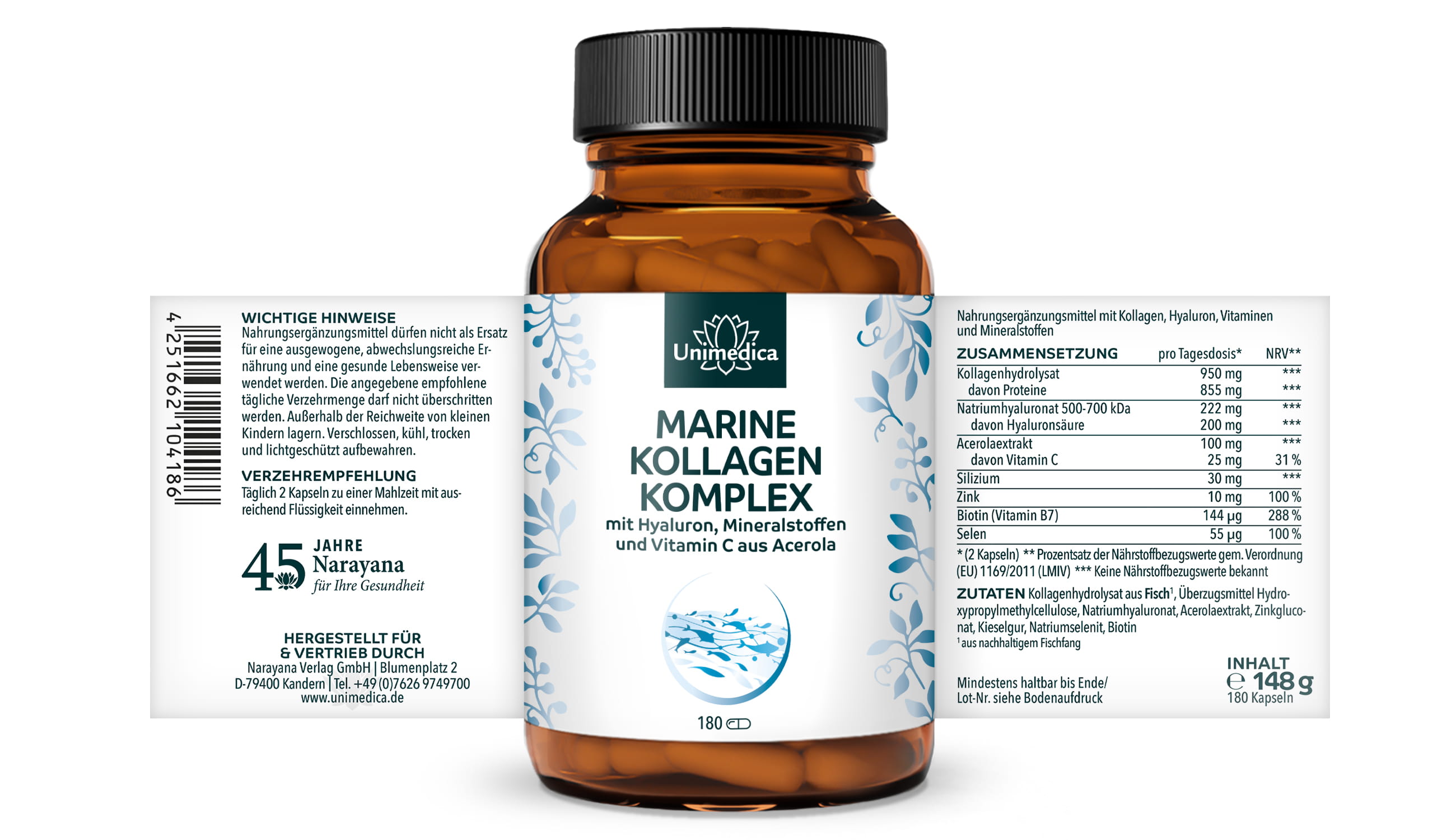 Marine Kollagen Komplex - mit Hyaluron, Vitaminen und Mineralien - 180 Kapseln - von Unimedica