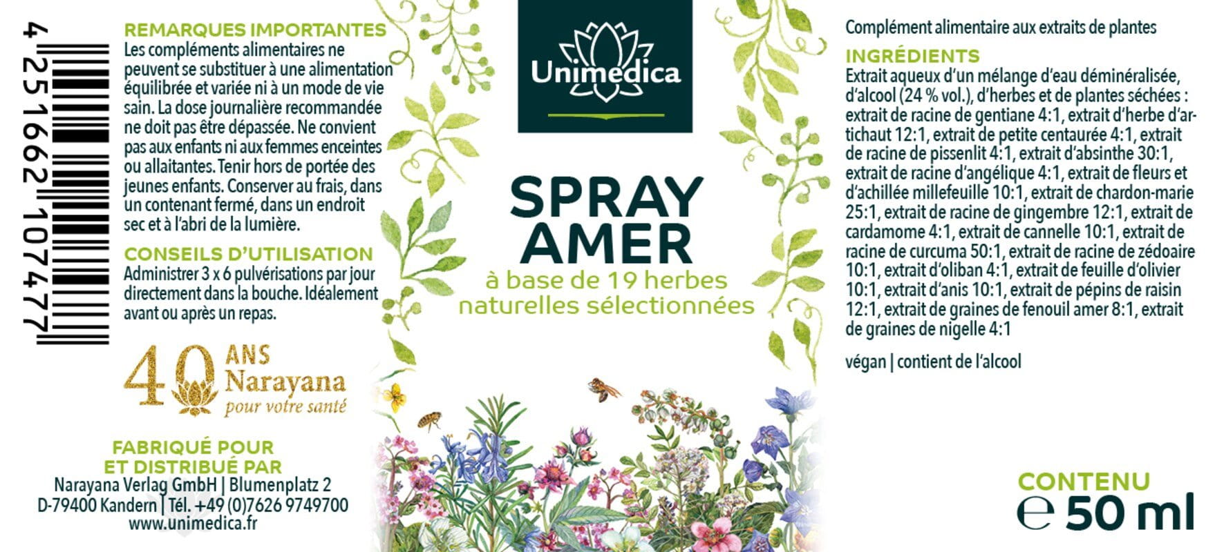 Spray amer  à base de 19 herbes naturelles sélectionnées - 50 ml - par Unimedica