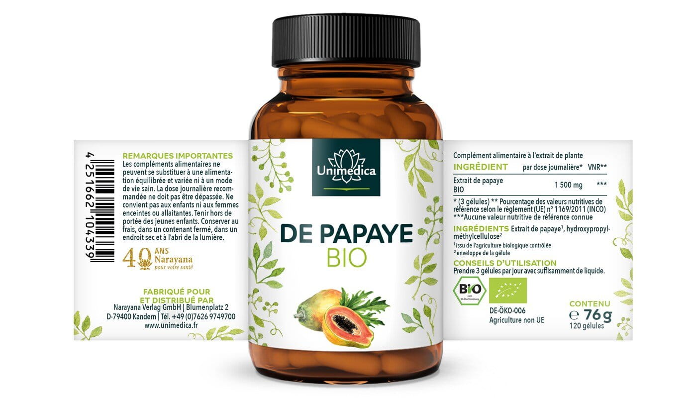 Extrait de papaye BIO  1 500 mg par dose journalière - 120 gélules - par Unimedica