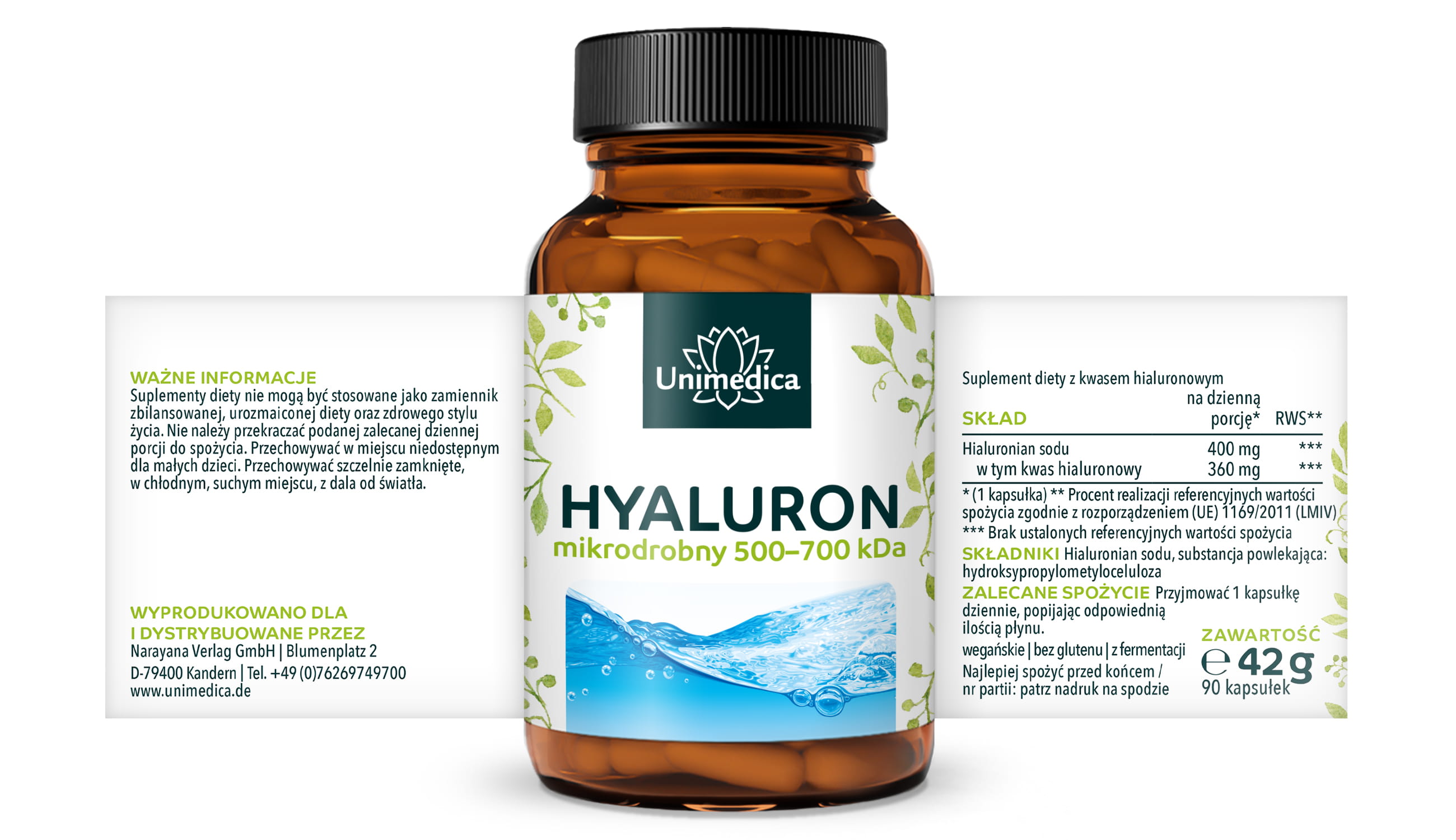 Hyaluron - 360 mg na dawkę dzienną (1 kapsułka) - mikrocząsteczkowy 500–700 kDa - wysokodawkowy - 90 kapsułek - od Unimedica