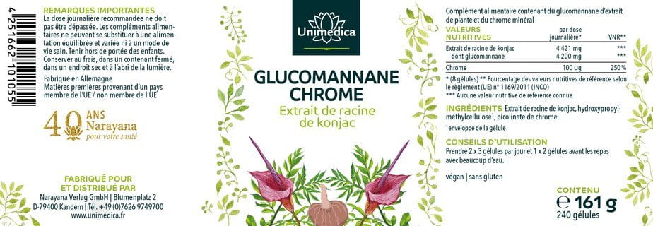 Gélules minceur - glucomannane + chrome - avec 4200 mg d'extrait de racine de konjac + chrome - 240 gélules - par Unimedica