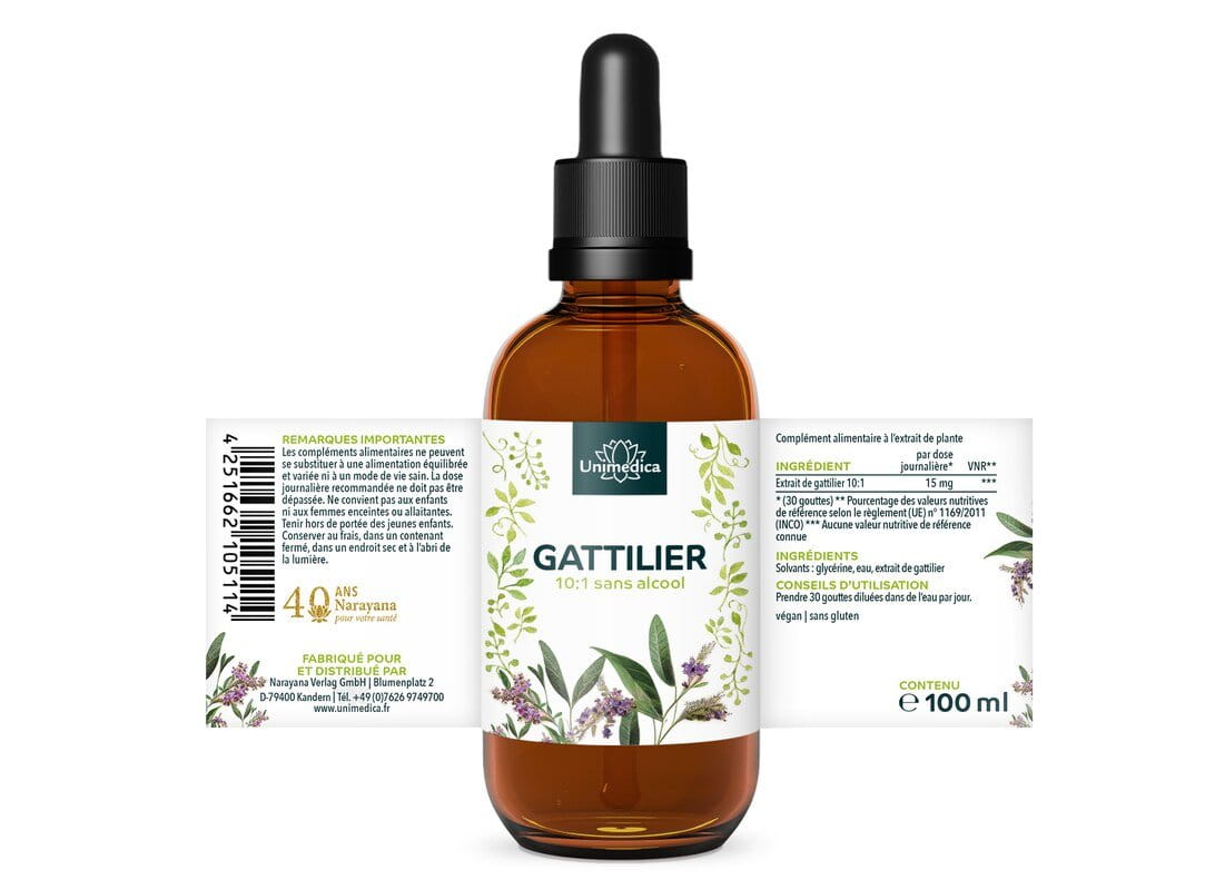Gattilier - extrait liquide de plante - sans alcool - 15 mg par dose journalière (30 gouttes) - 100 ml - gouttes - par Unimedica