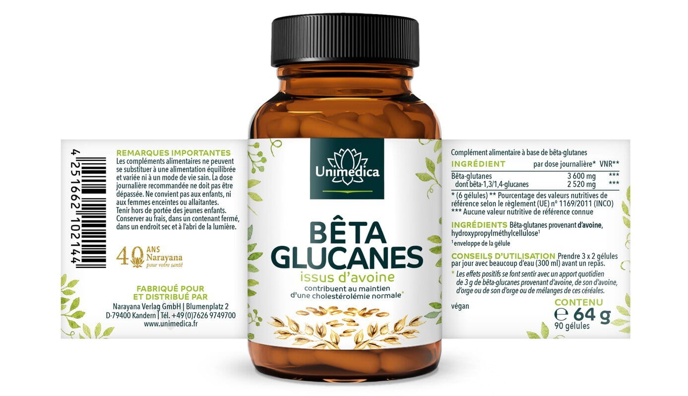 Bêta-glucanes  70 % de polysaccharides provenant d'avoine - 90 gélules contenant chacune 500 mg de bêta-glucanes  par Unimedica
