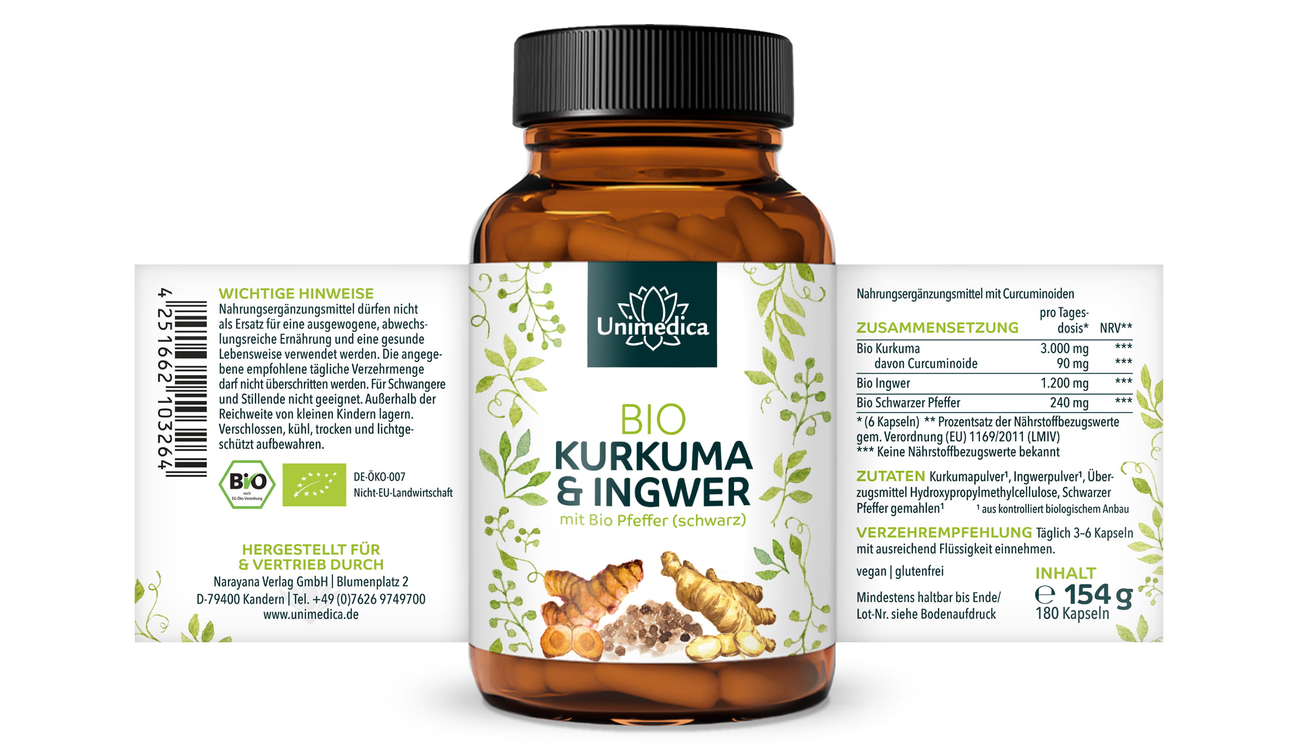 Curcuma et gingembre BIO au poivre (noir) BIO - 180 gélules - par Unimedica
