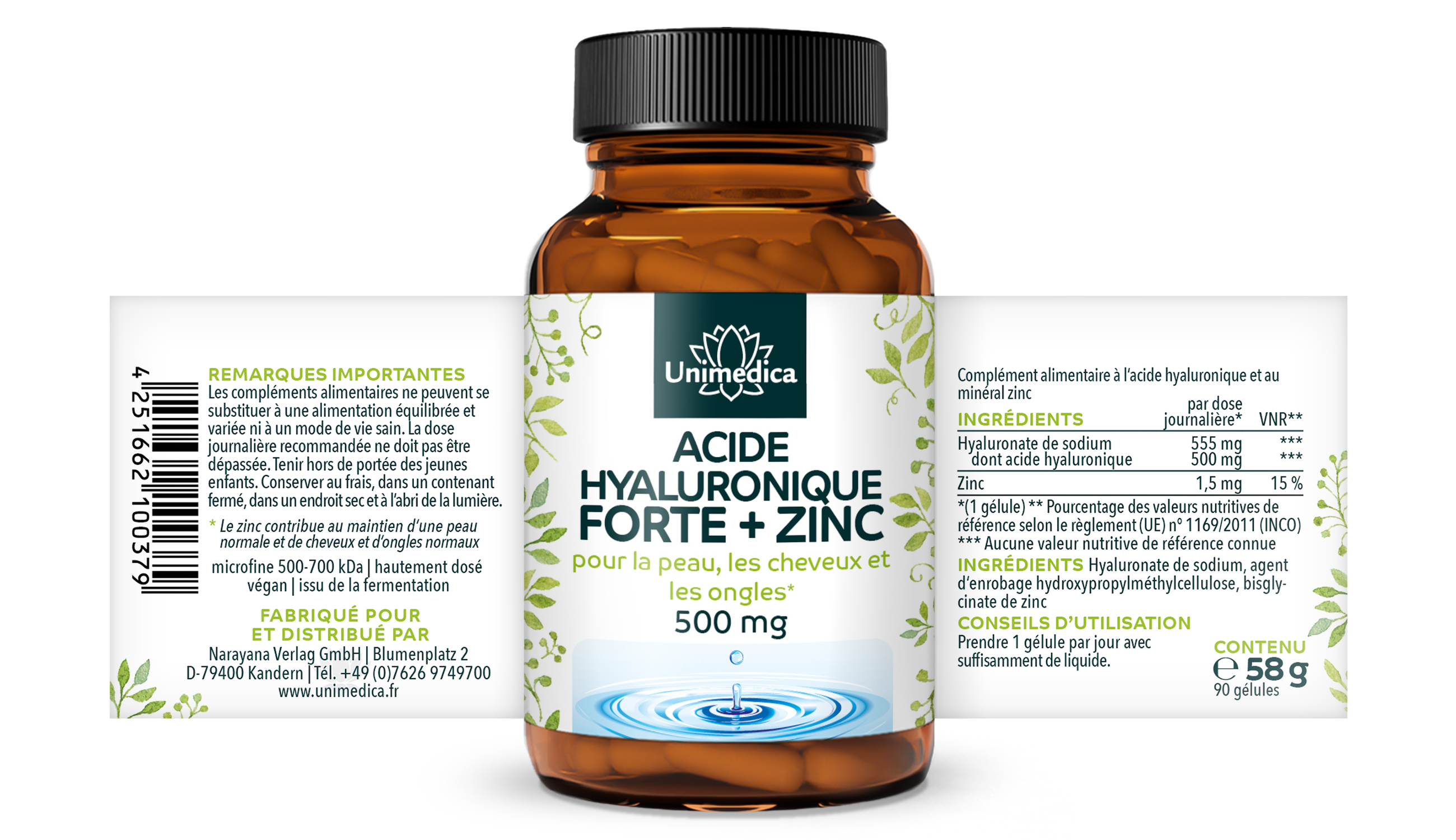 2er-Sparset: Hyaluron forte - mit Zink für Haut, Haare und Nägel* - 500 mg Hyaluron pro Tagesdosis (1 Kapsel) - hochdosiert - 2 x 90 Kapseln - von Unimedica