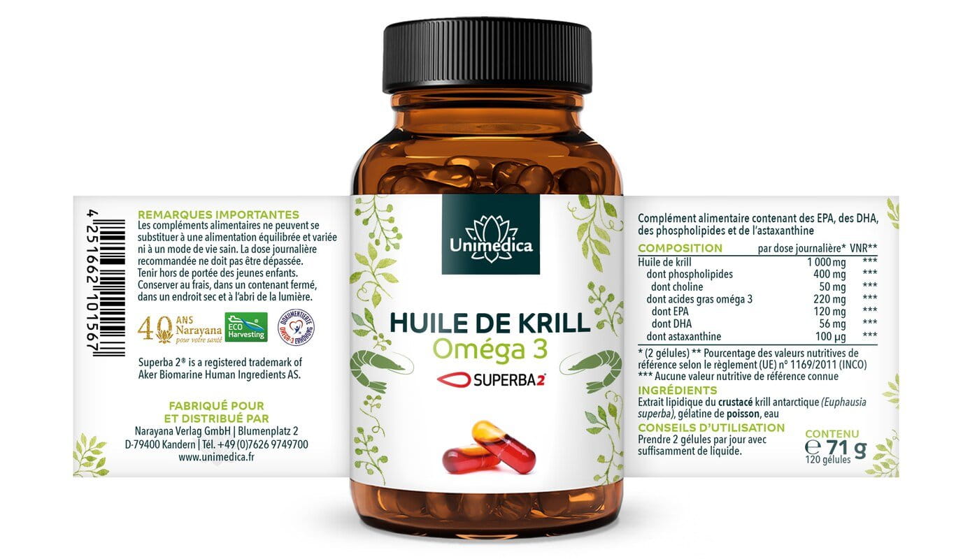 Huile de krill Superba 2™  riche en acides gras oméga-3 EPA + DHA  1 000 mg d'huile de krill par dose quotidienne (2 capsules) - 120 capsules de gel dur (Licaps®) - par Unimedica - offre exceptionnelle
