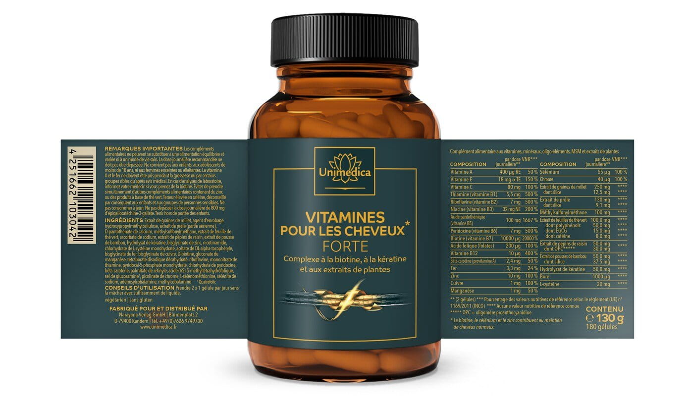 Vitamines pour les cheveux Forte - Complexe avec biotine, vitamines et kératine - 180 gélules - par Unimedica