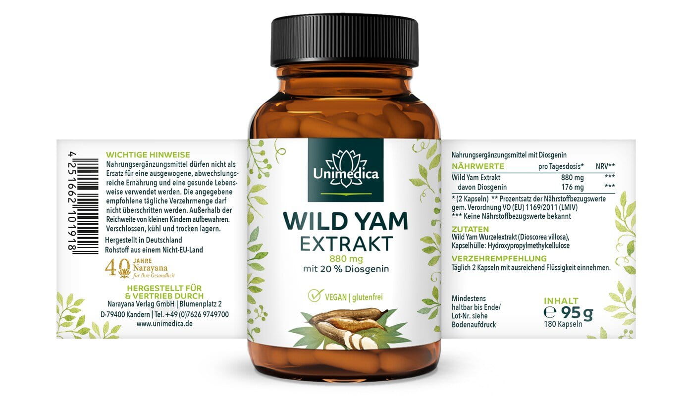 Wild Yam Extrakt - 880 mg pro Tagesdosis (2 Kapseln) - mit 20 % Diosgenin - 180 Kapseln - von Unimedica