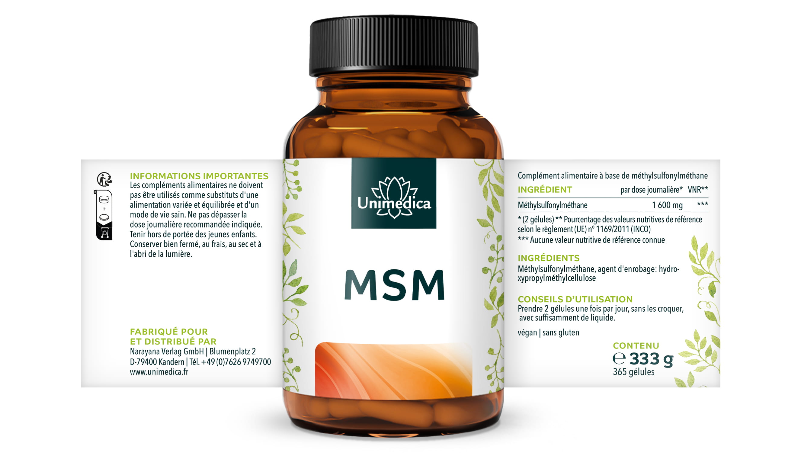 Gélules MSM - 1600 mg par dose journalière - 365 gélules - Unimedica