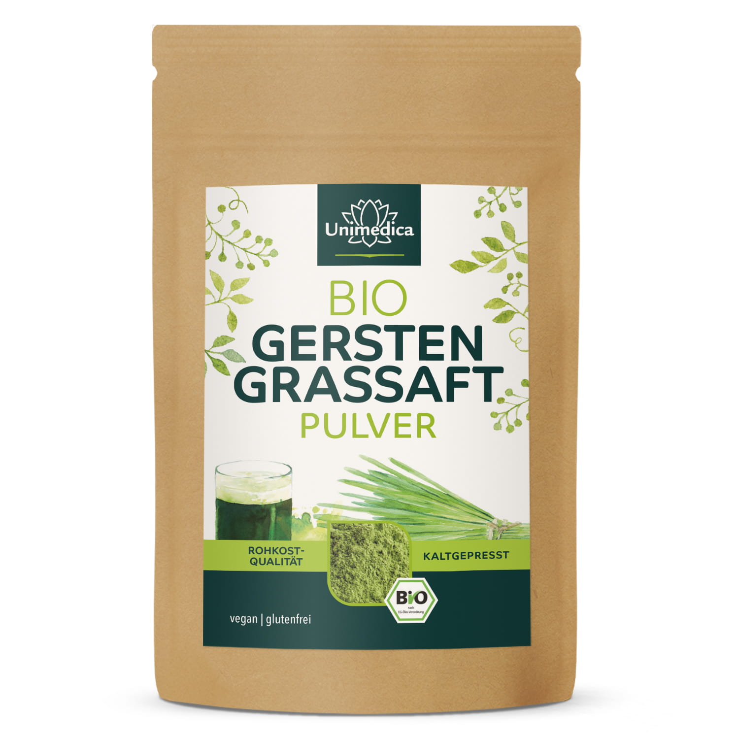 Bio Gerstengrassaft Pulver - Rohkostqualität aus frisch gepresstem Saft - kaltgepresst - naturrein - 100 g - von Unimedica