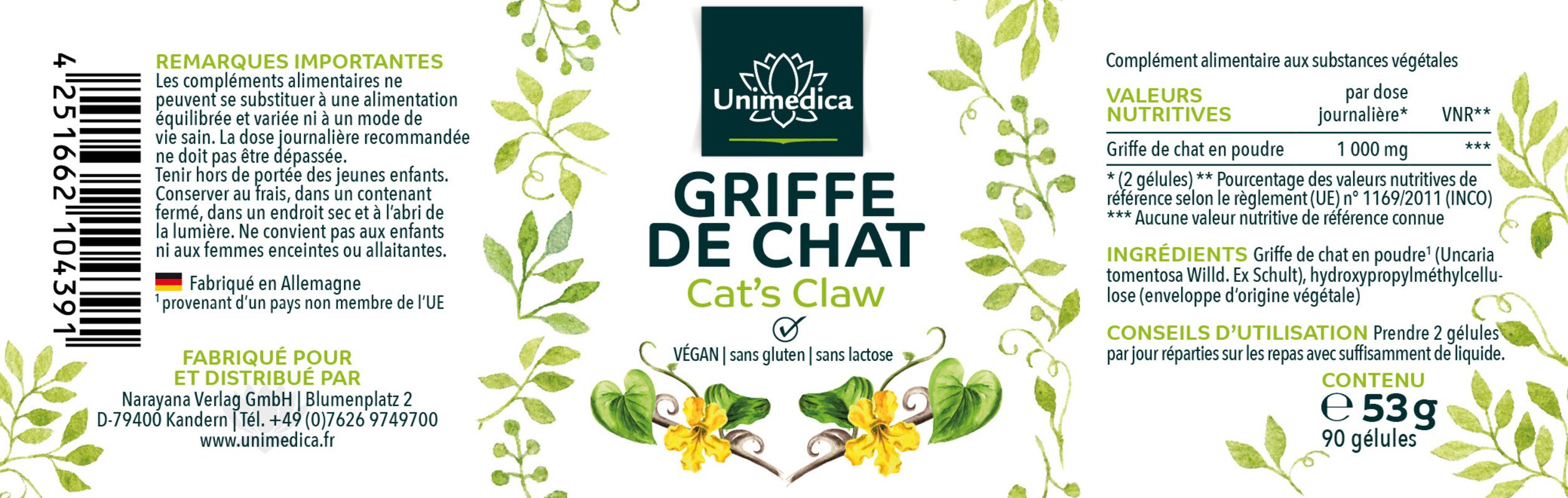 Lot de 2: Griffe de chat - Cat´s Claw  1 000 mg par dose journalière - 2 x 90 gélules - par Unimedica