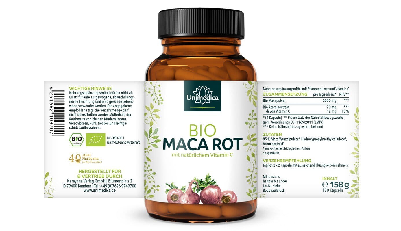 Bio Maca Rot - 3.000 mg pro Tagesdosis (4 Kapseln) - plus Vitamin C aus Bio Acerola - 180 Kapseln - von Unimedica