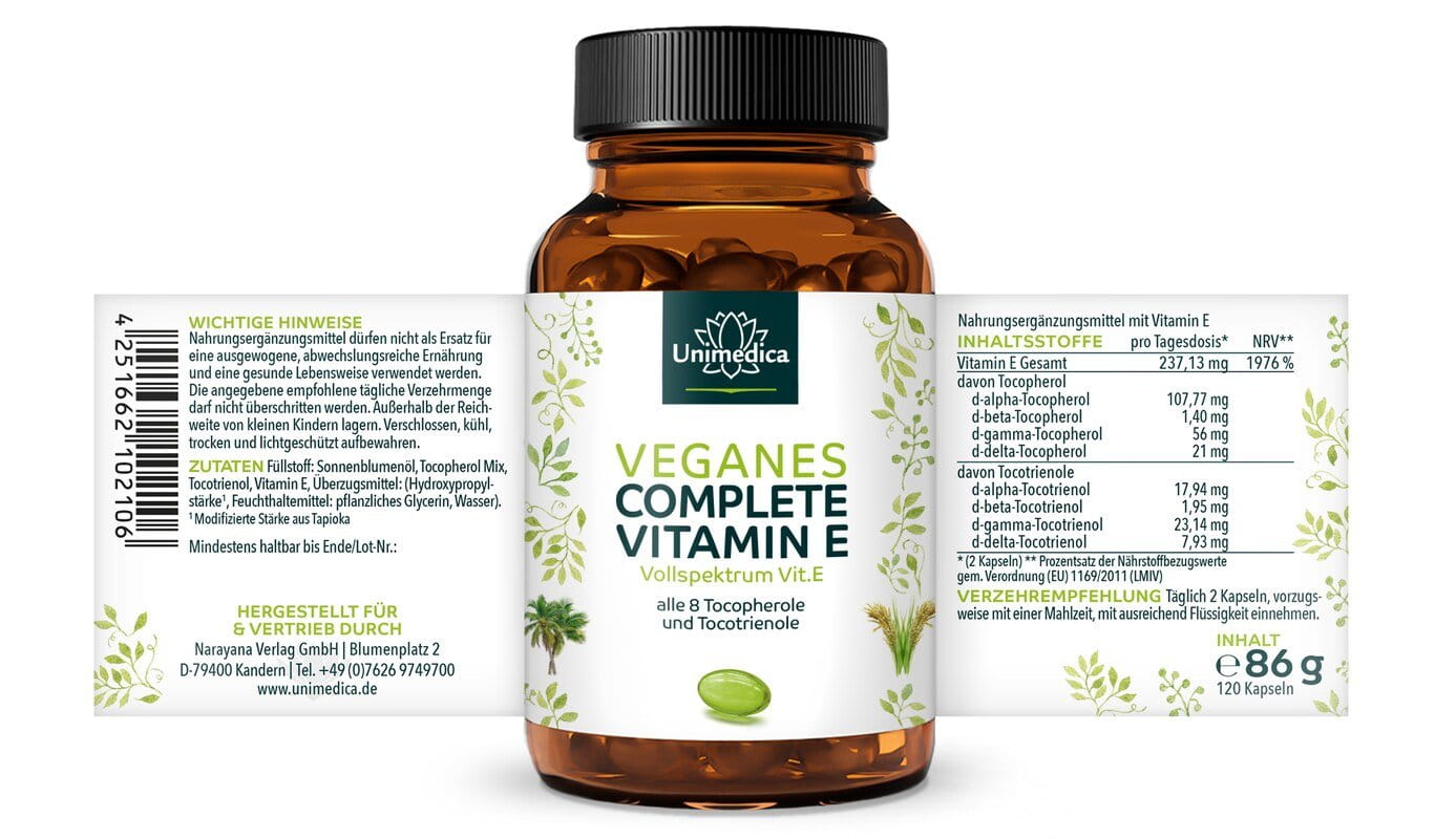 Vitamin E - Veganes Complete mit allen 8 Vitamin E-Formen: 4 Tocopherole und 4 Tocotrienole - 237 mg natürliches Vitamin E pro Tagesdosis (2 Kapseln) - 120 Kapseln - von Unimedica