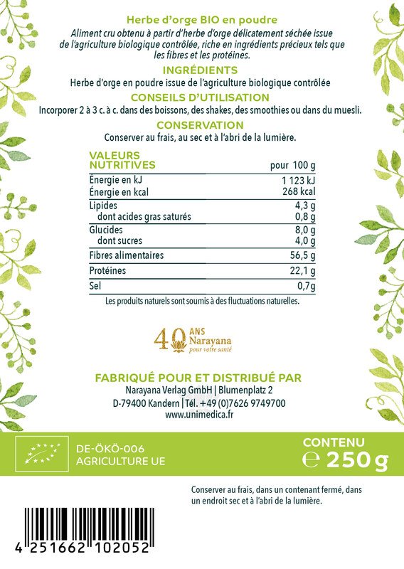 Herbe d'orge BIO en poudre - 250 g - par Unimedica