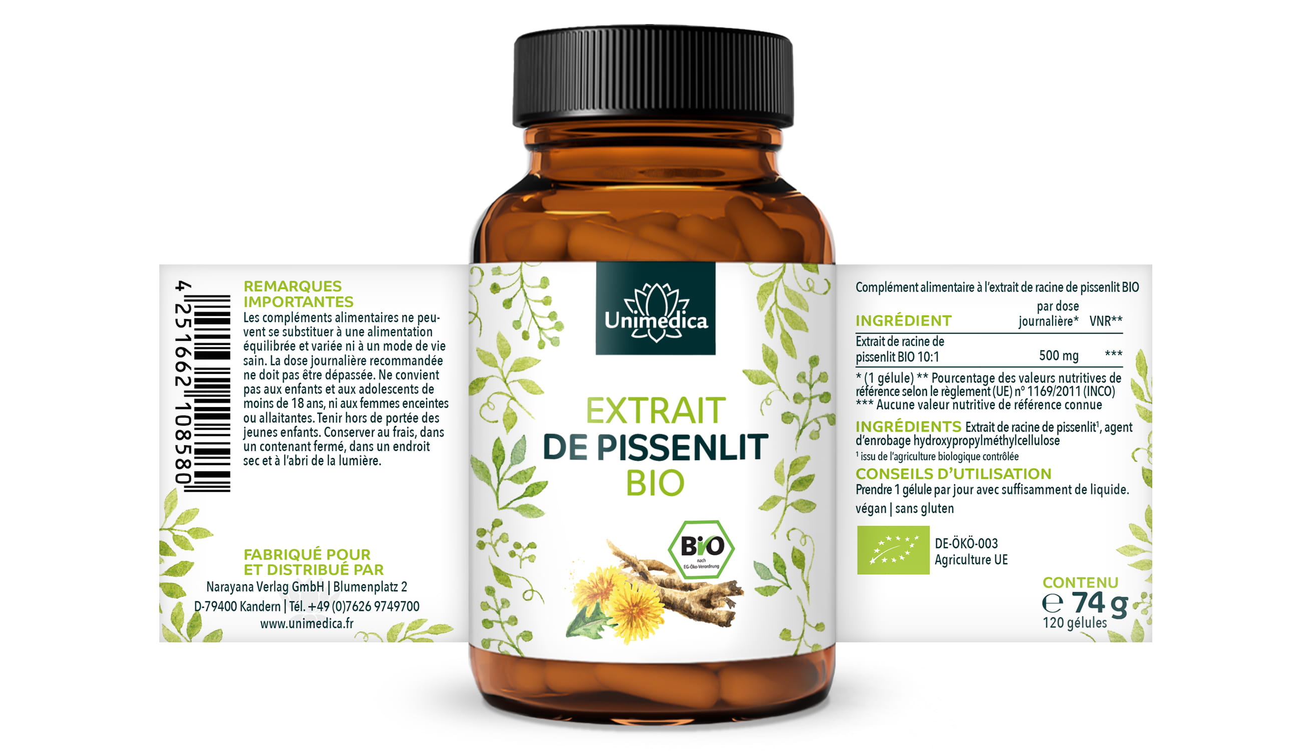 Extrait de pissenlit bio - 500 mg par dose journalière (1 gélule) - 120 gélules - par Unimedica