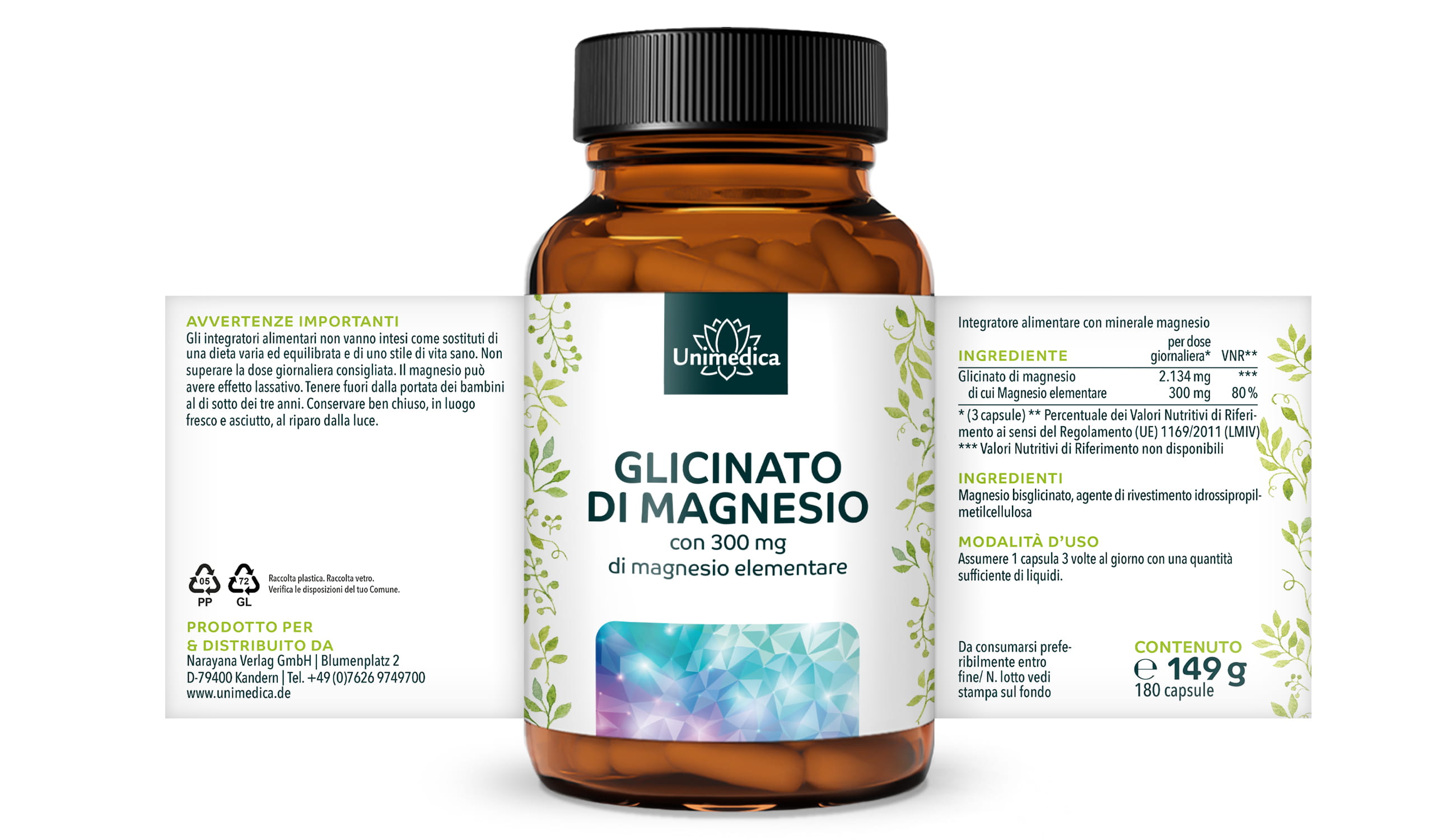 Glicinato di magnesio - 300 mg di magnesio elementare per dose giornaliera (3 capsule) - 180 capsule - di Unimedica