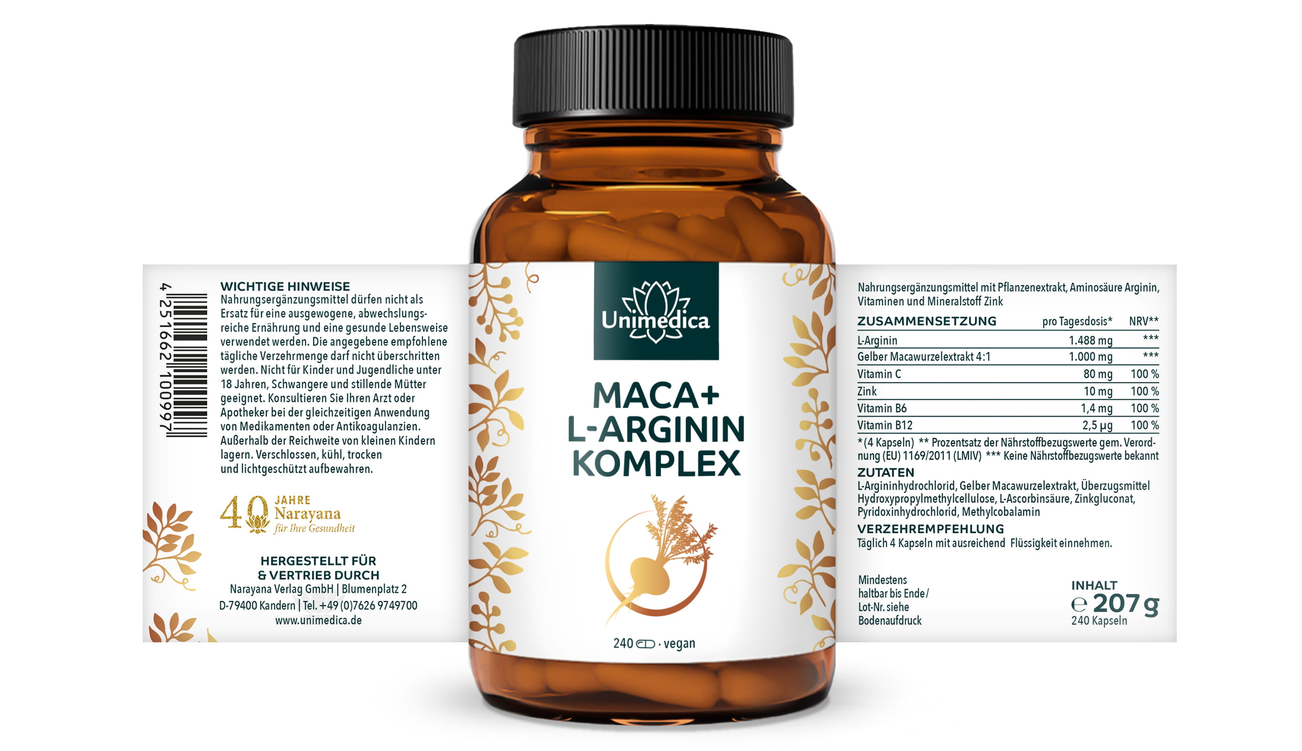 Maca + L-Arginin Komplex - hochdosiert - 240 Kapseln - von Unimedica