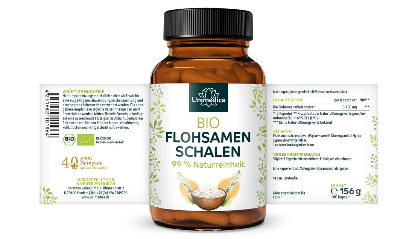 2er-Sparset: Bio Flohsamenschalen  - 3.750 mg pro Tagesdosis (5 Kapseln) - 2 x 180 Kapseln - von Unimedica
