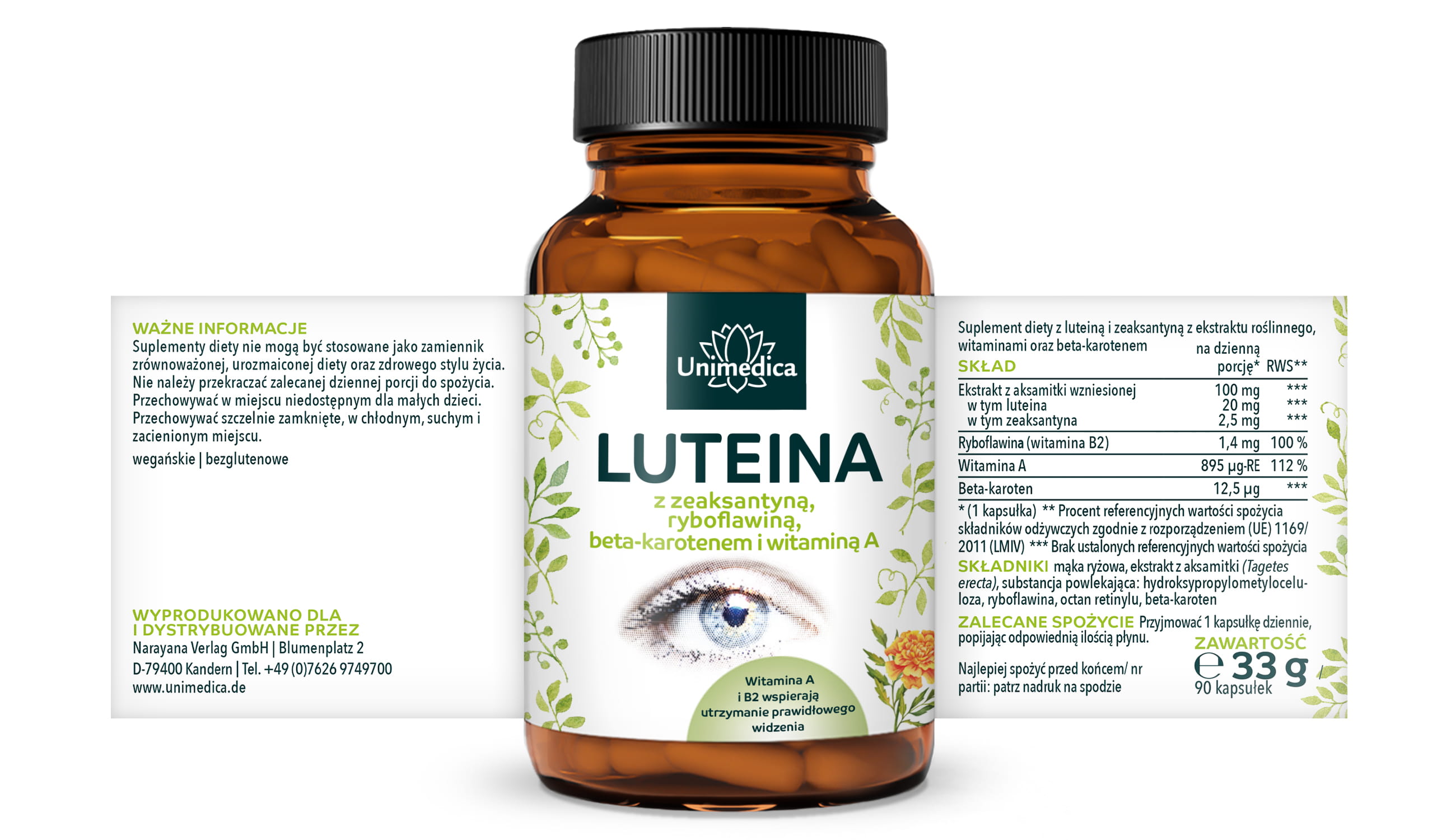 Luteina - z zeaksantyną + witaminą B2 + beta-karotenem + witaminą A - 90 kapsułek - od Unimedica