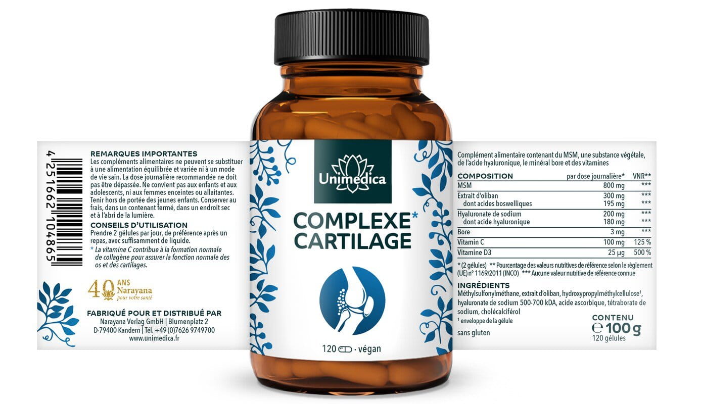 Complexe Cartilage - avec MSM + acide hyaluronique + vitamines + oliban - 120 gélules - par Unimedica