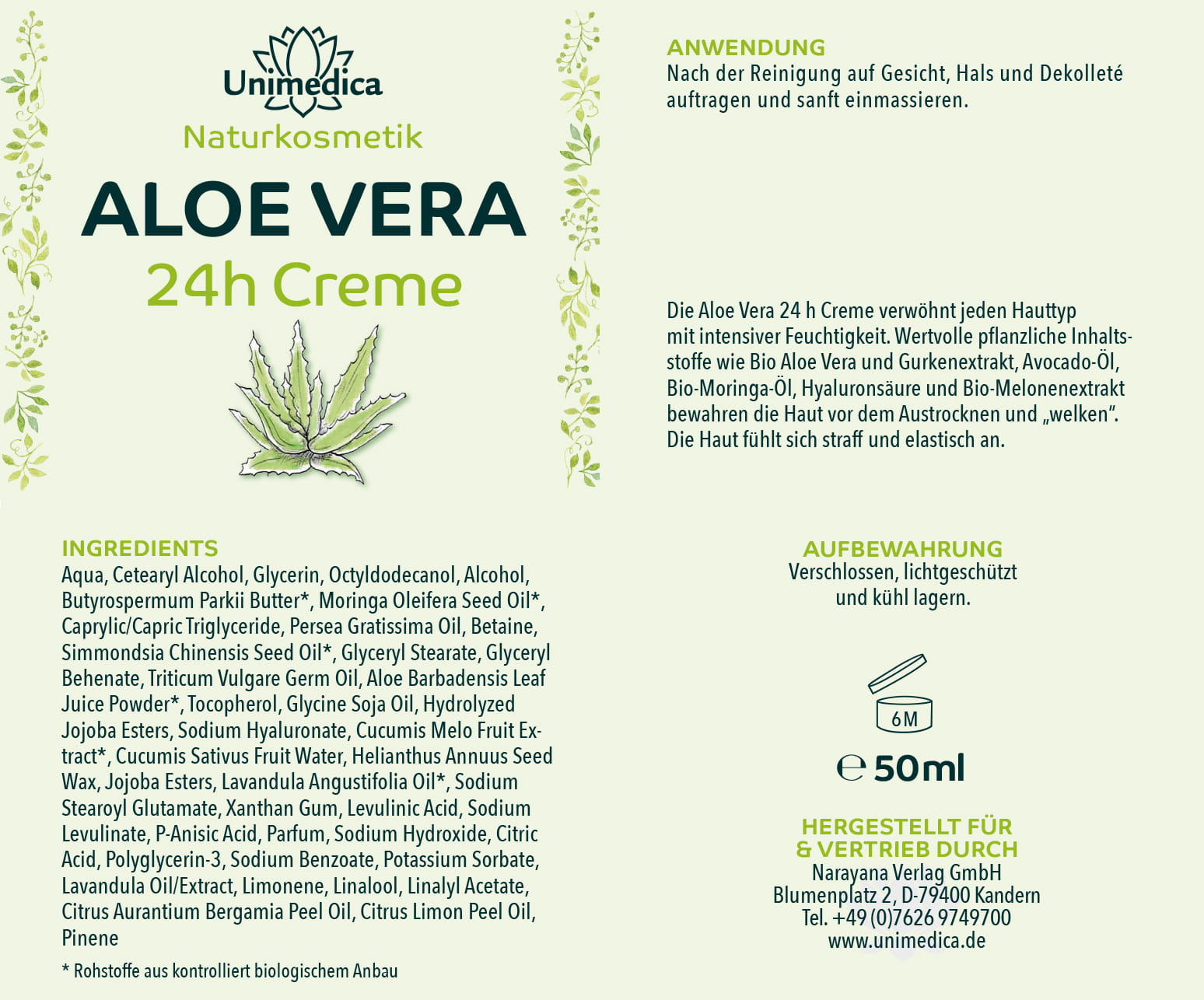 Aloe Vera 24h Creme - 50 ml - von Unimedica