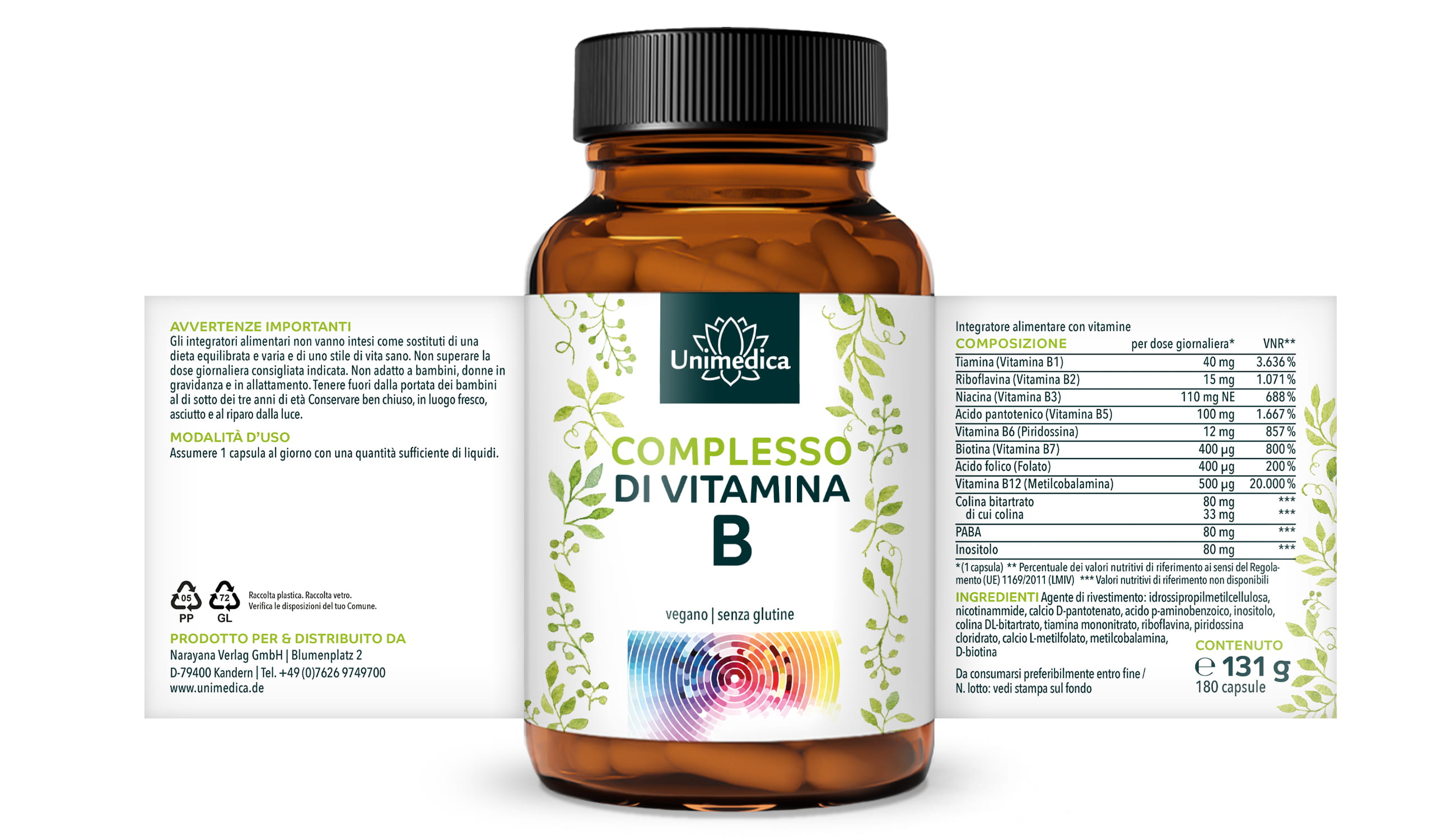 Complesso di vitamine B - ad alto dosaggio - 180 capsule - con cofattori - di Unimedica