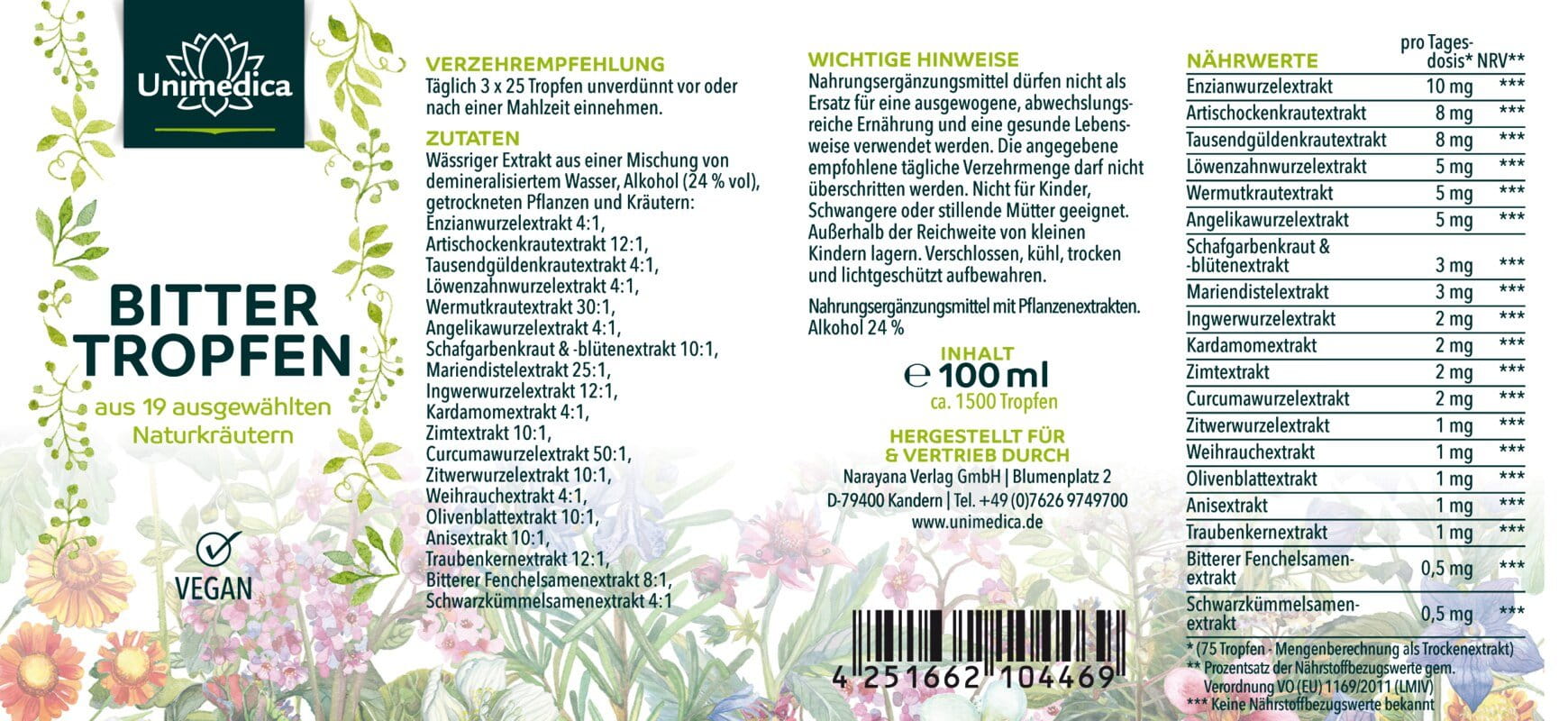 Bittertropfen - 100 ml - aus 19 Naturkräutern - von Unimedica