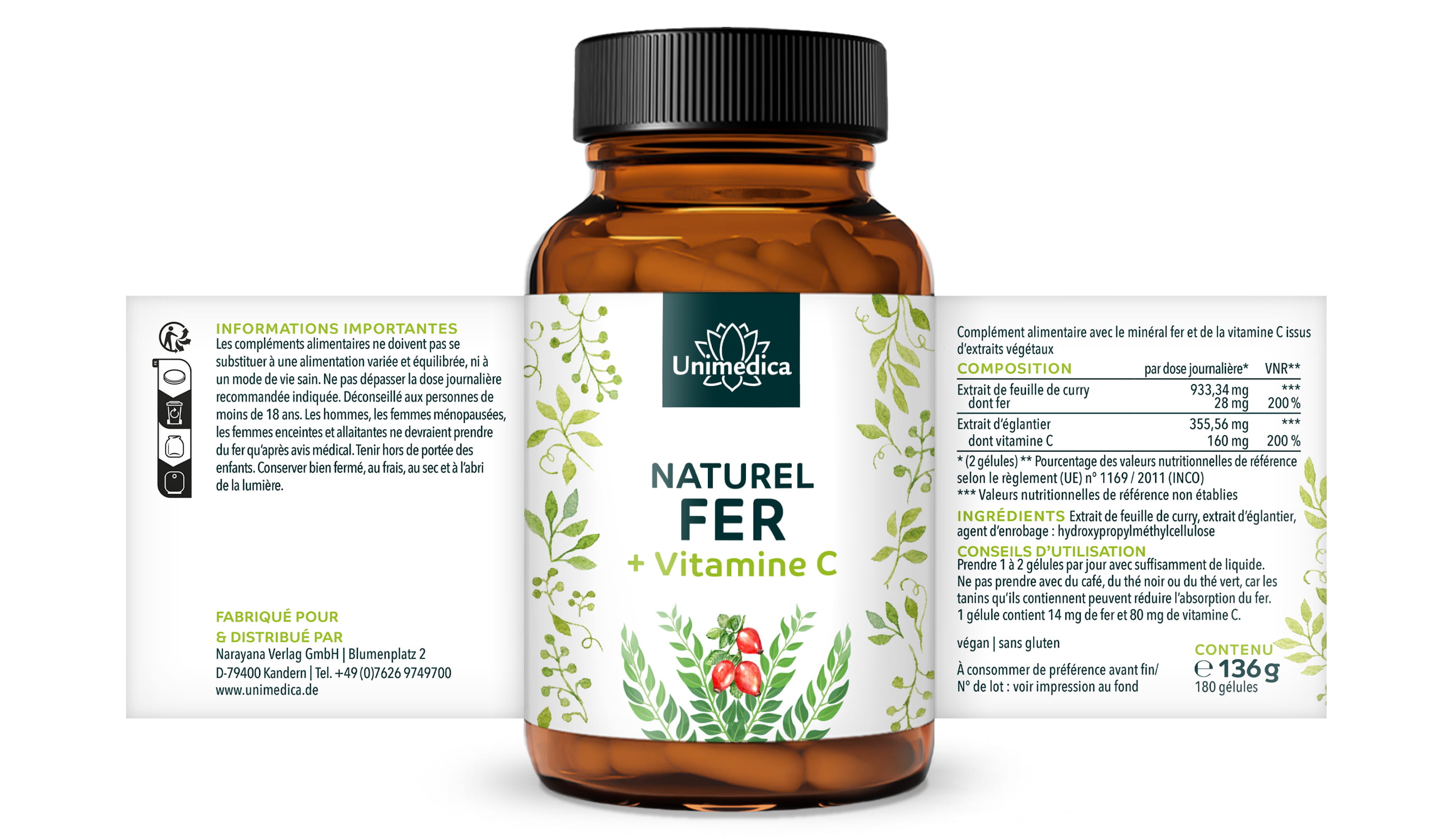 Fer naturel issu d'extrait de feuille de curry + vitamine C issue d'extrait de cynorrhodon - 28 mg de fer + 160 mg de vitamine C par dose journalière  180 gélules - par Unimedica