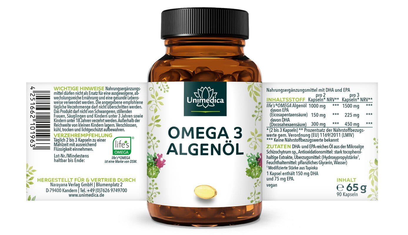 Omega 3 Algenöl Kapseln - vegan - 90 Kapseln - von Unimedica
