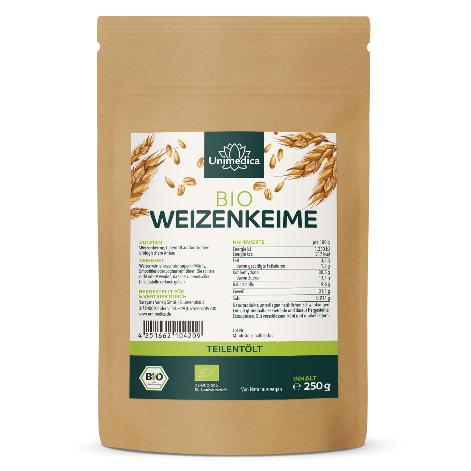 Organic Wheatgerm  partially de-oiled - 250 g - from Unimedica
