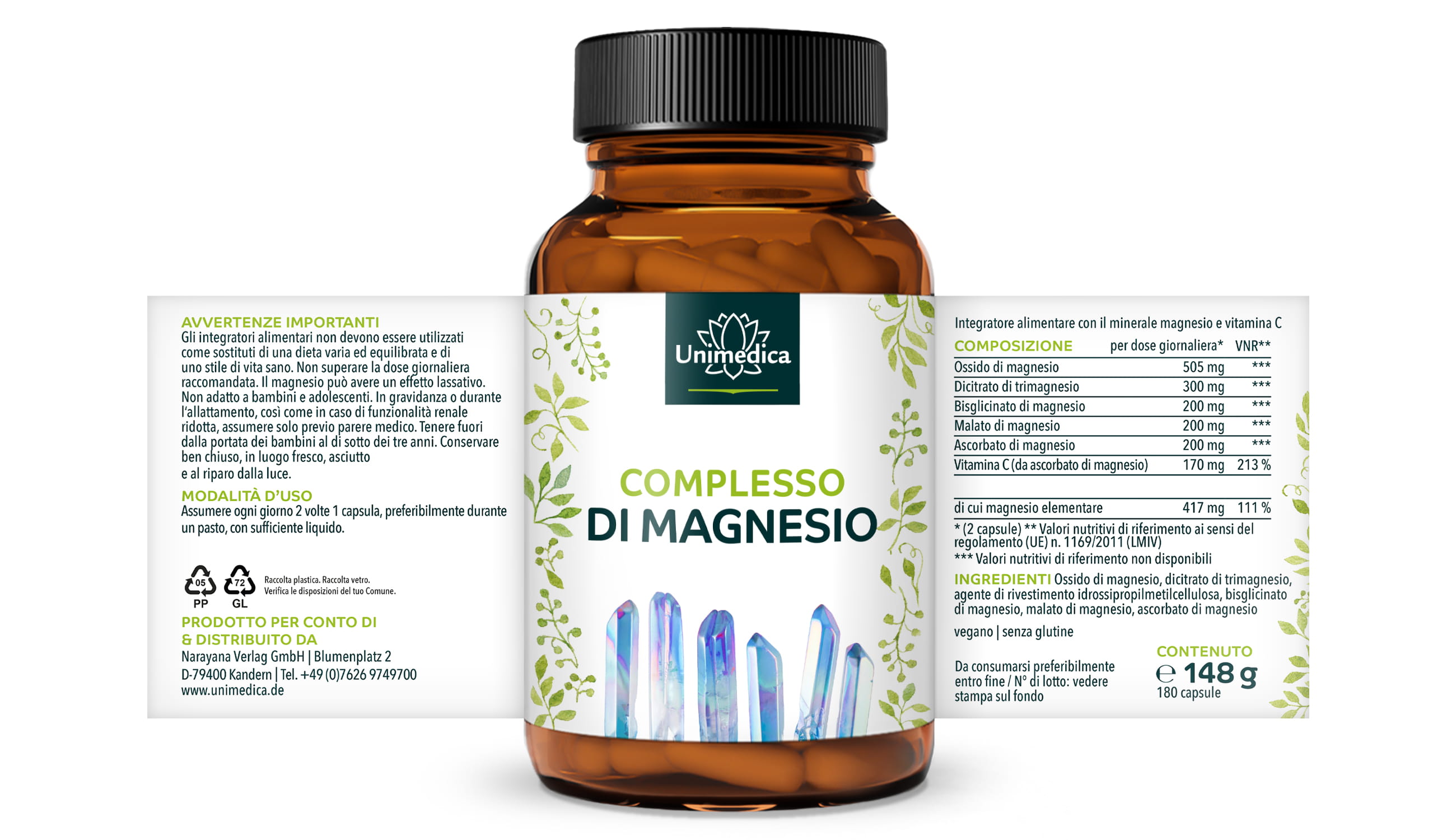 Complesso di magnesio - 417 mg di magnesio elementare per dose giornaliera (2 capsule) - 180 capsule