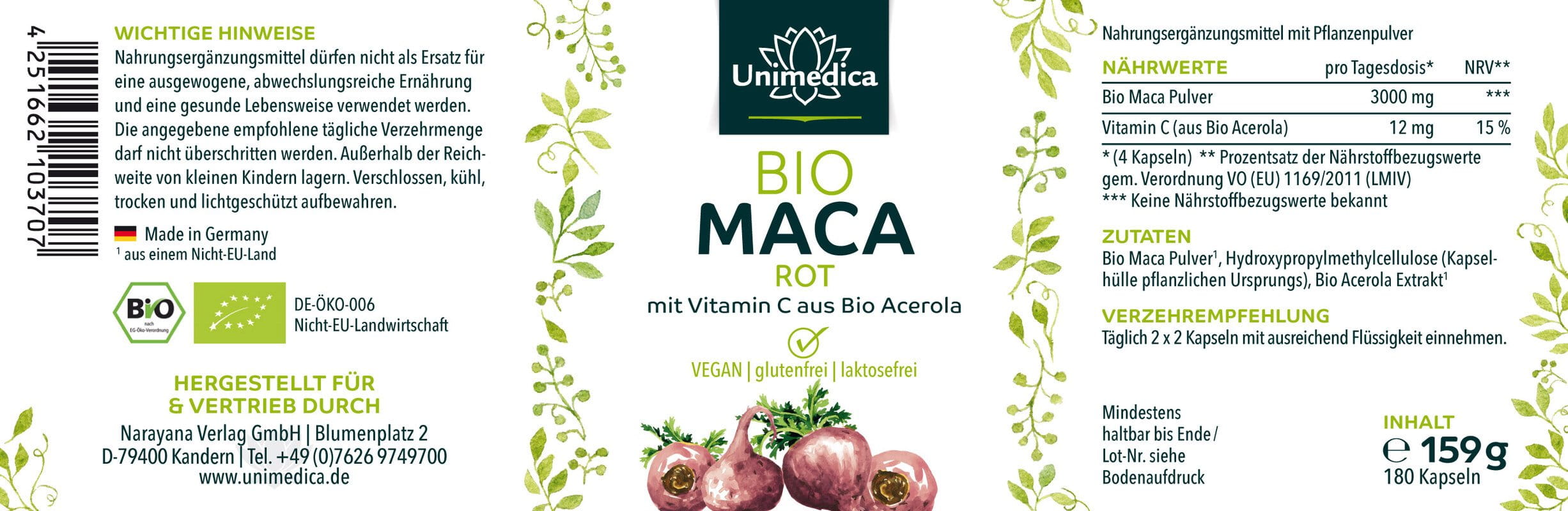 2er-Sparset: Bio Maca Rot - 3.000 mg pro Tagesdosis (4 Kapseln) - plus Vitamin C aus Bio Acerola - 2 x 180 Kapseln - von Unimedica