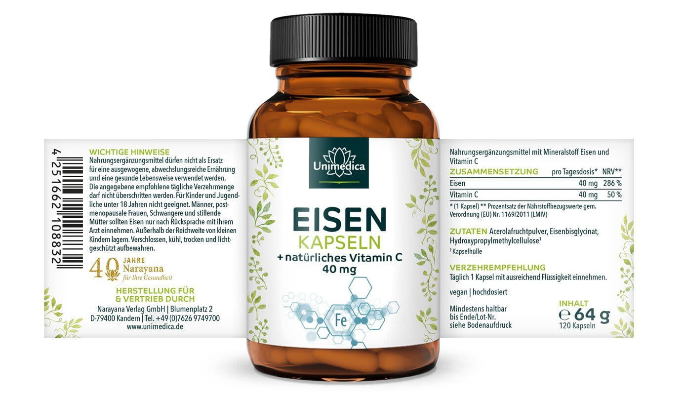 Eisen Kapseln - Eisenbisglycinat - mit natürlichem Vitamin C - 120 Kapseln - von Unimedica